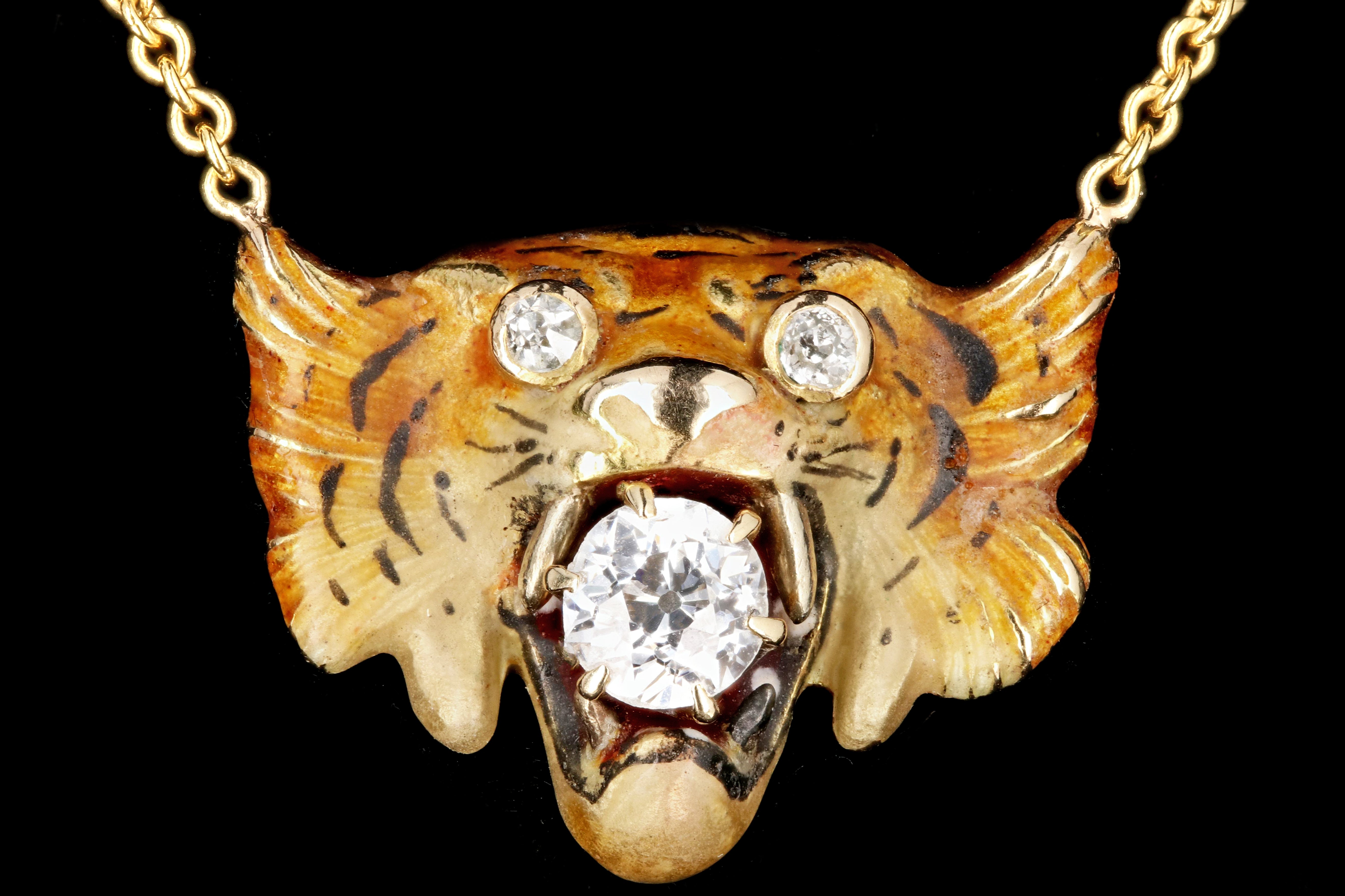 Victorian 14K Yellow Gold Enamel Tiger Diamond Conversion Necklace - Queen May