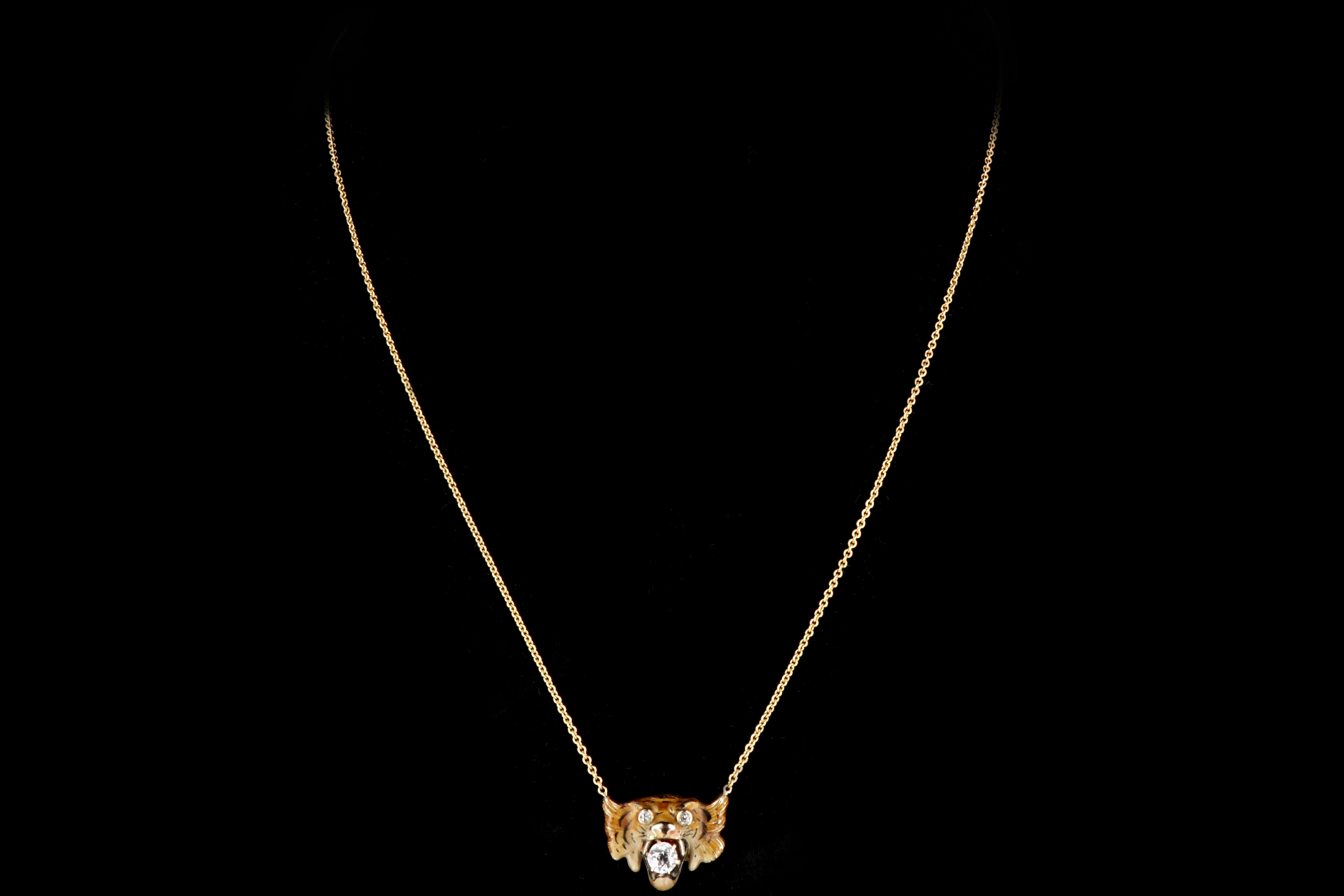 Victorian 14K Yellow Gold Enamel Tiger Diamond Conversion Necklace - Queen May