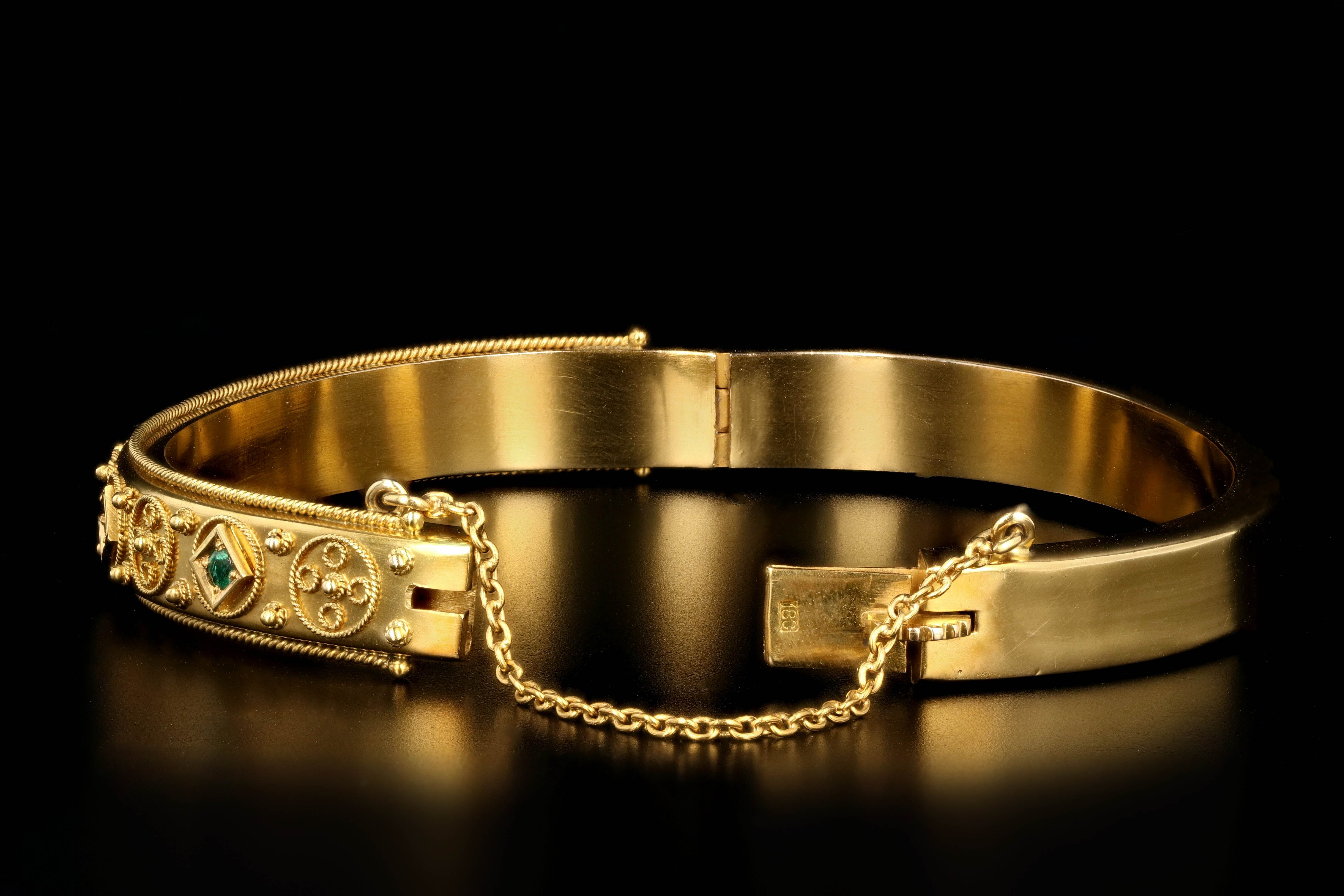 Victorian Etruscan Revival 18K Yellow Gold Emerald and Diamond Bracelet - Queen May