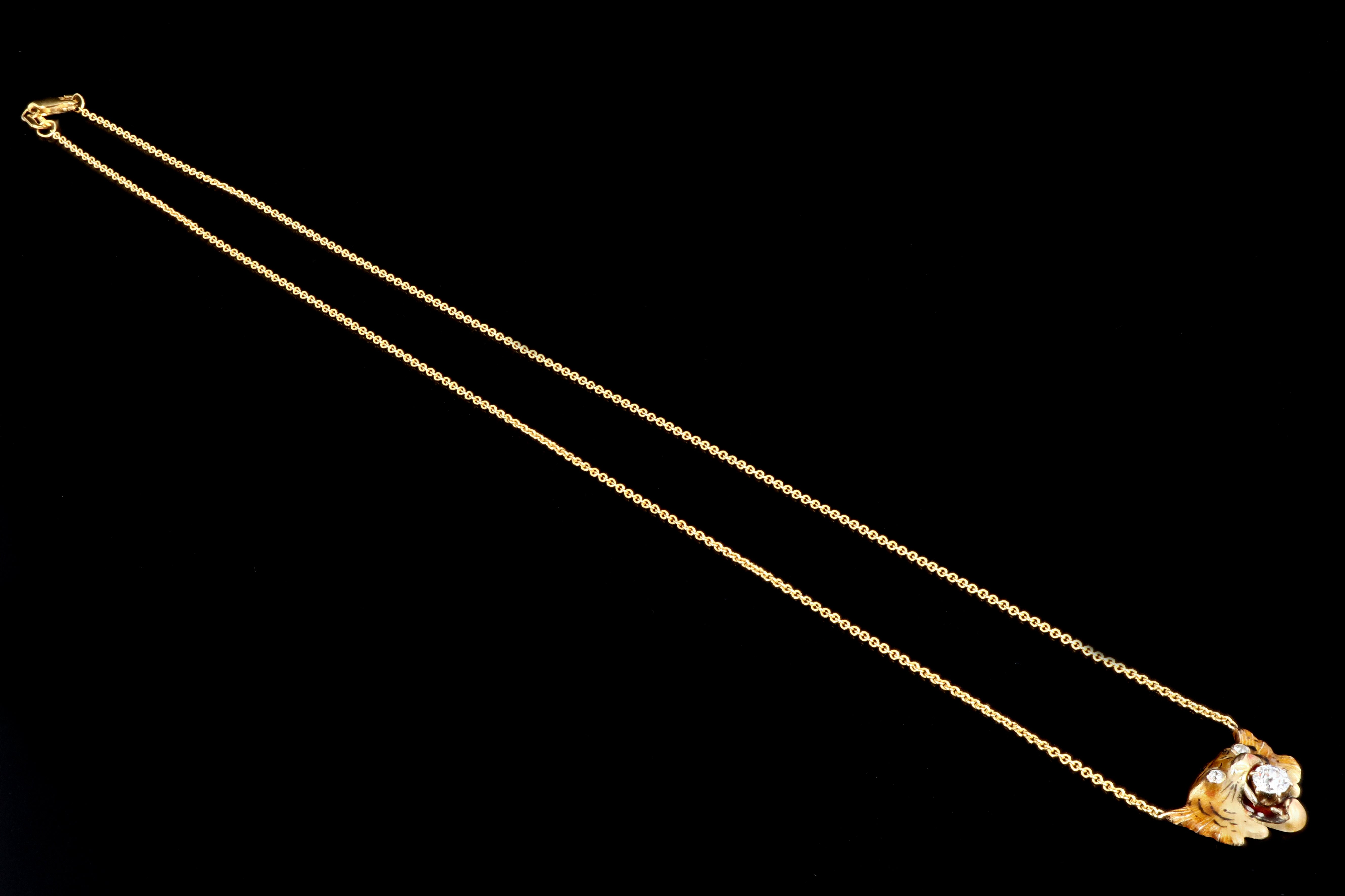 Victorian 14K Yellow Gold Enamel Tiger Diamond Conversion Necklace - Queen May