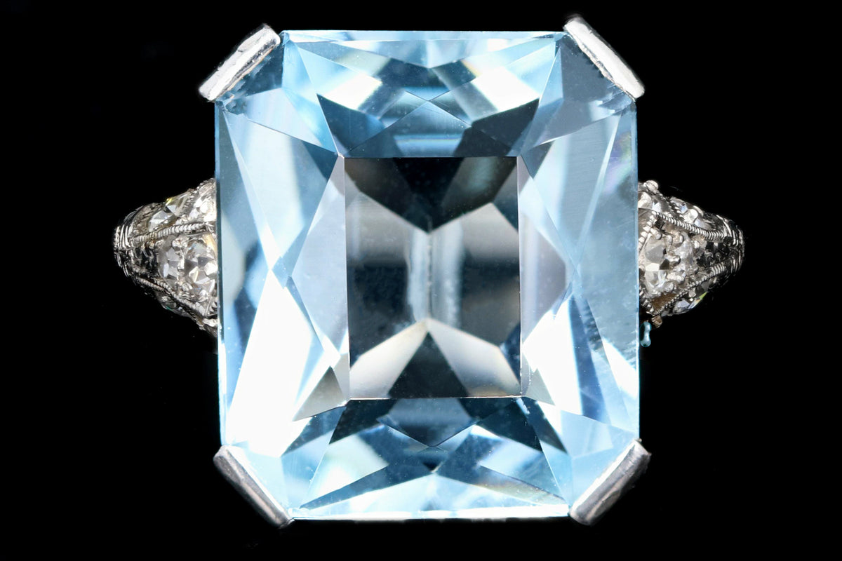 Art Deco Platinum 7 Carat Aquamarine and Diamond Ring - Queen May
