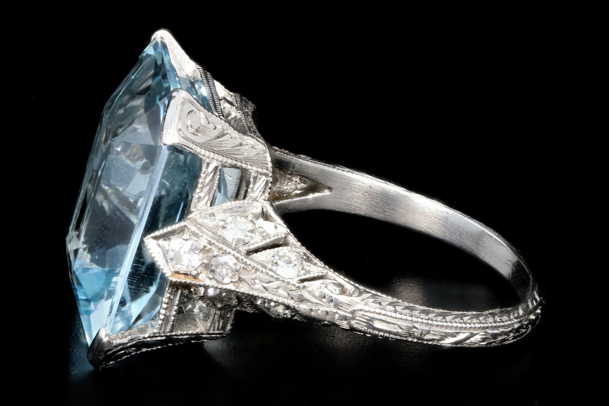 Art Deco Platinum 7 Carat Aquamarine and Diamond Ring - Queen May