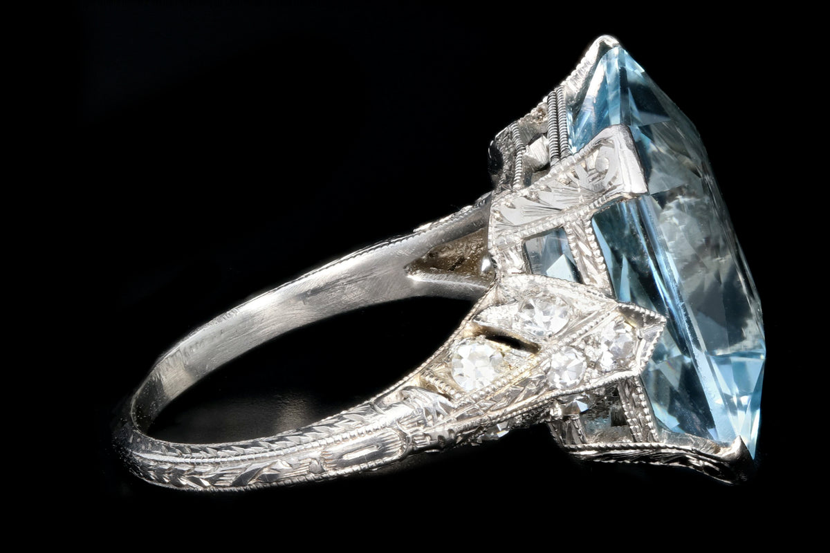 Art Deco Platinum 7 Carat Aquamarine and Diamond Ring - Queen May