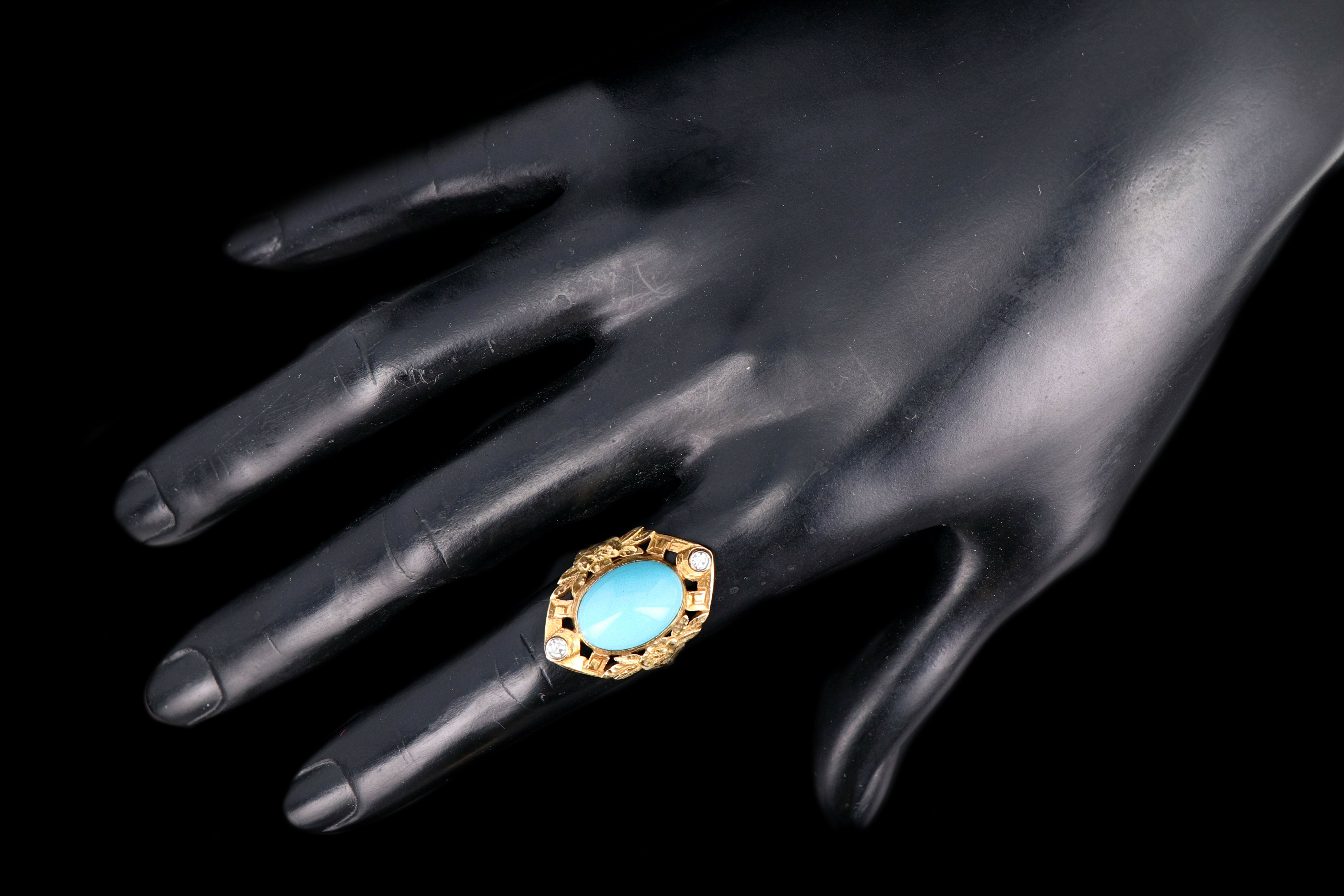 Vintage 14K Yellow Gold Turquoise and Single Cut Diamond Ring - Queen May
