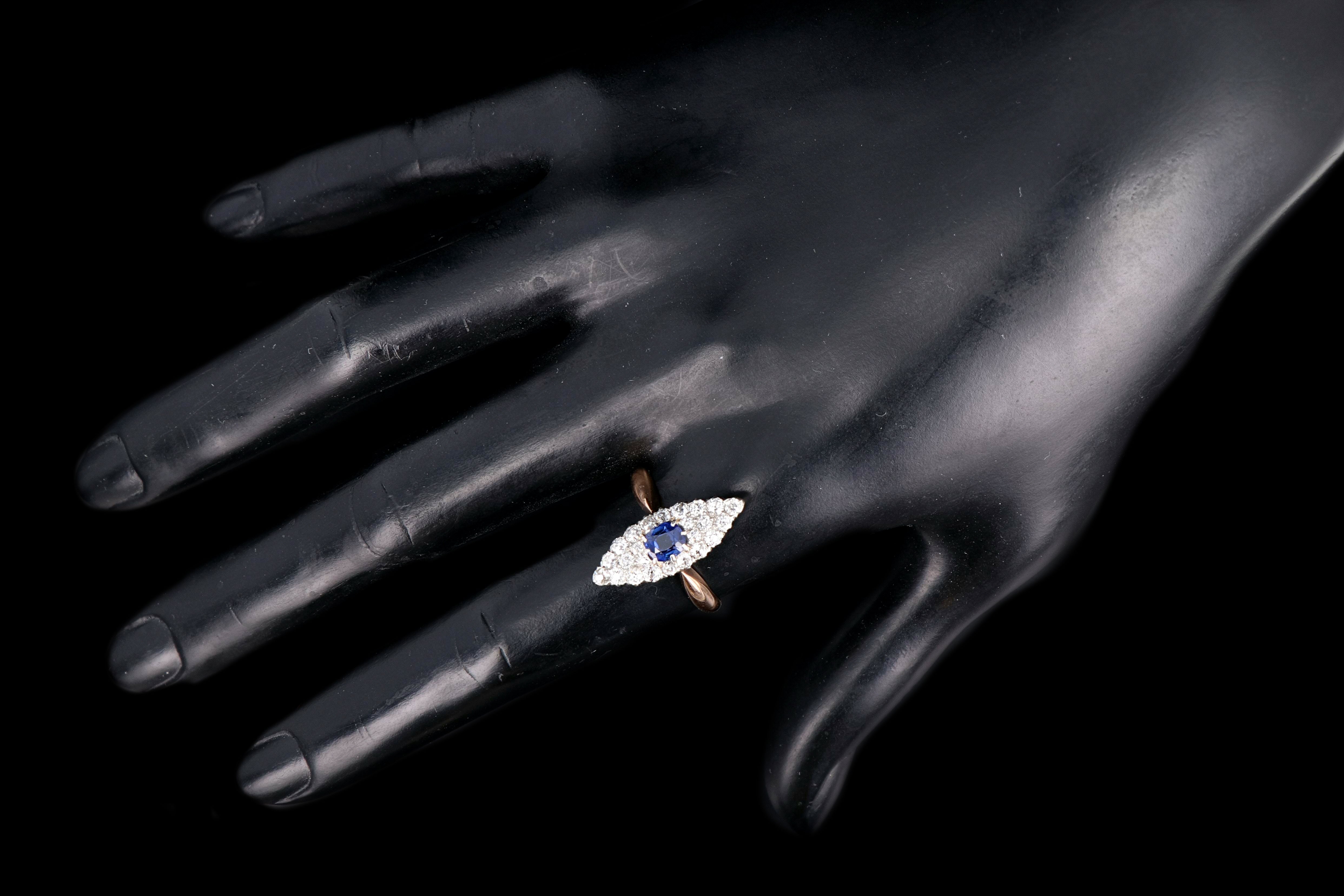 Edwardian 14K Rose Gold and Platinum Sapphire and Diamond Navette Ring - Queen May