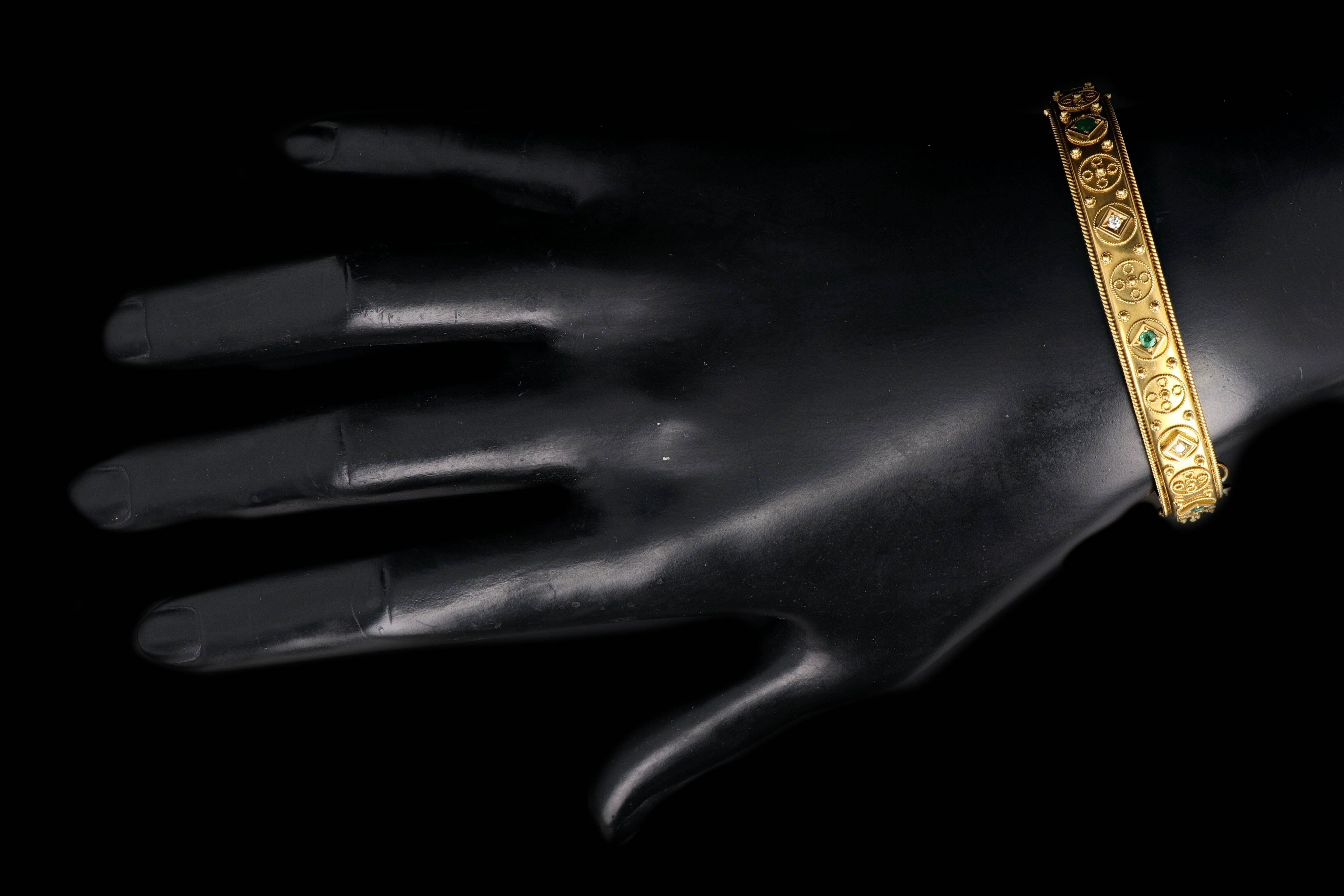 Victorian Etruscan Revival 18K Yellow Gold Emerald and Diamond Bracelet - Queen May