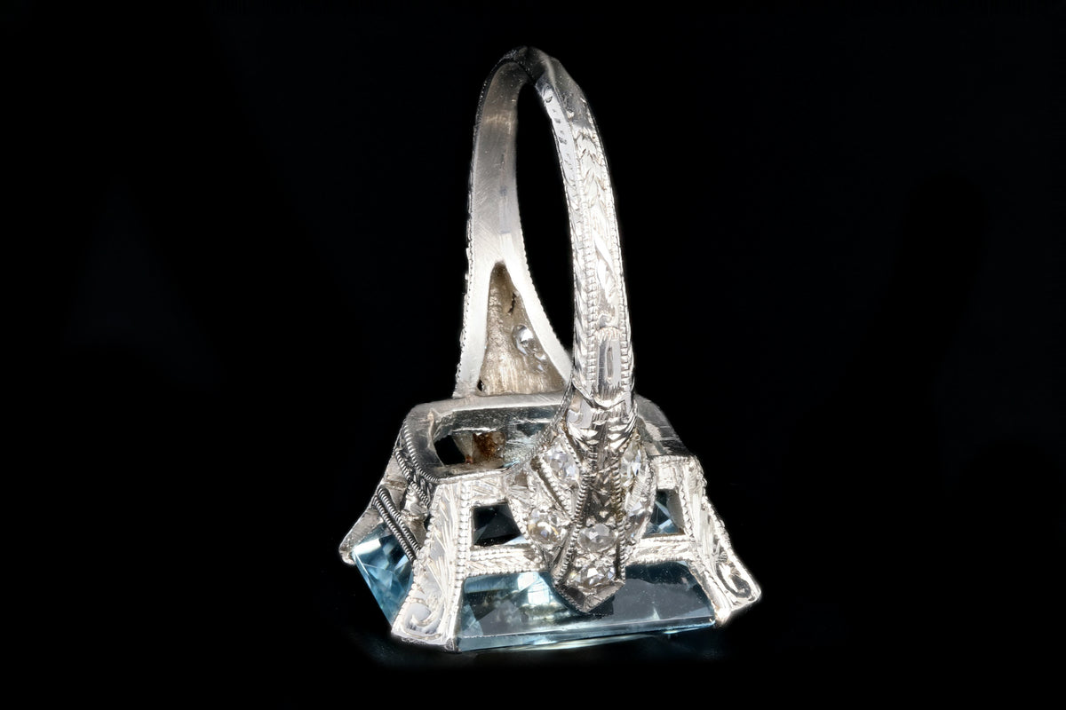 Art Deco Platinum 7 Carat Aquamarine and Diamond Ring - Queen May