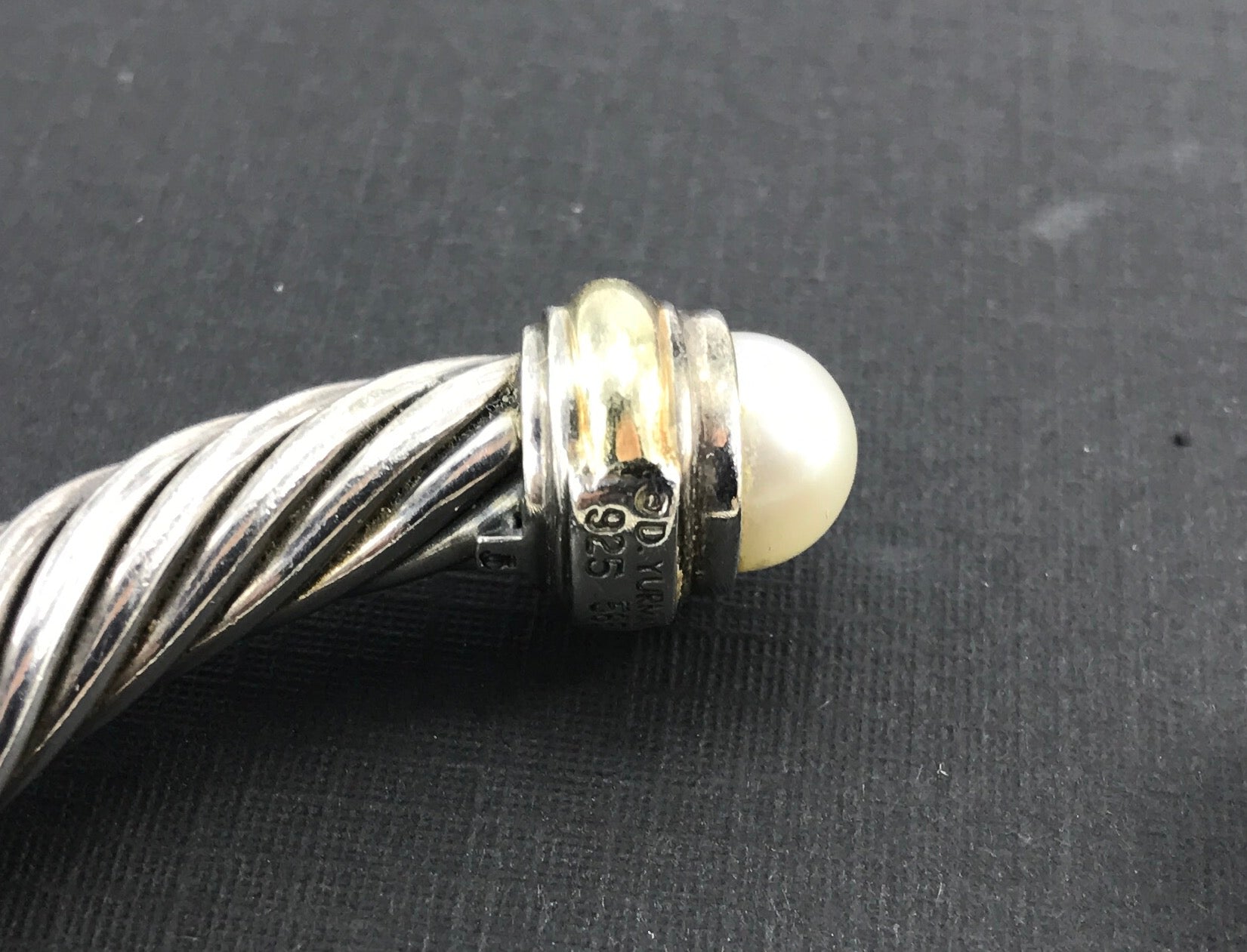 David Yurman Sterling Silver 14K Gold Pearl Classic 7mm Cable Cuff Bracelet - Queen May