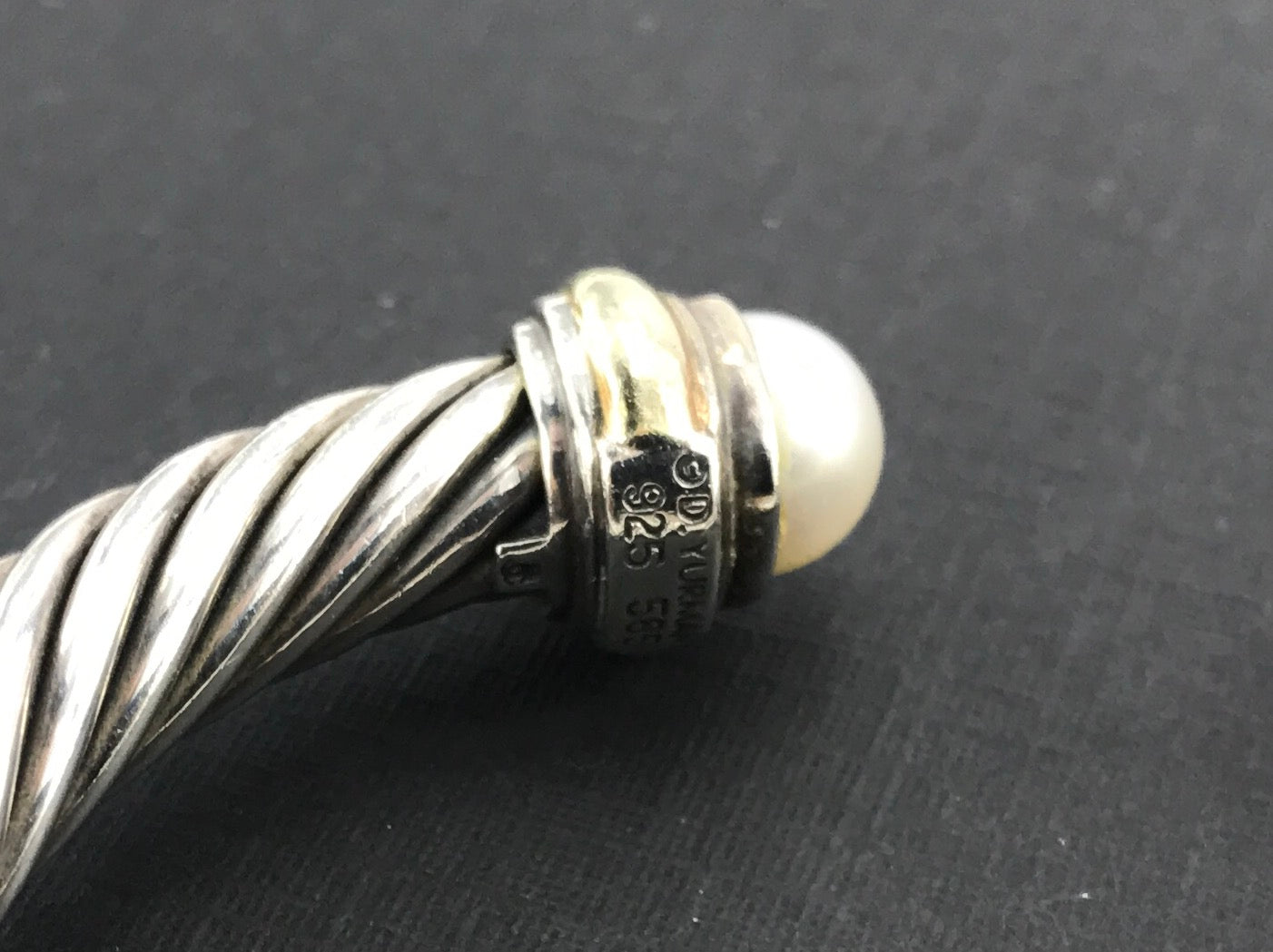David Yurman Sterling Silver 14K Gold Pearl Classic 7mm Cable Cuff Bracelet - Queen May