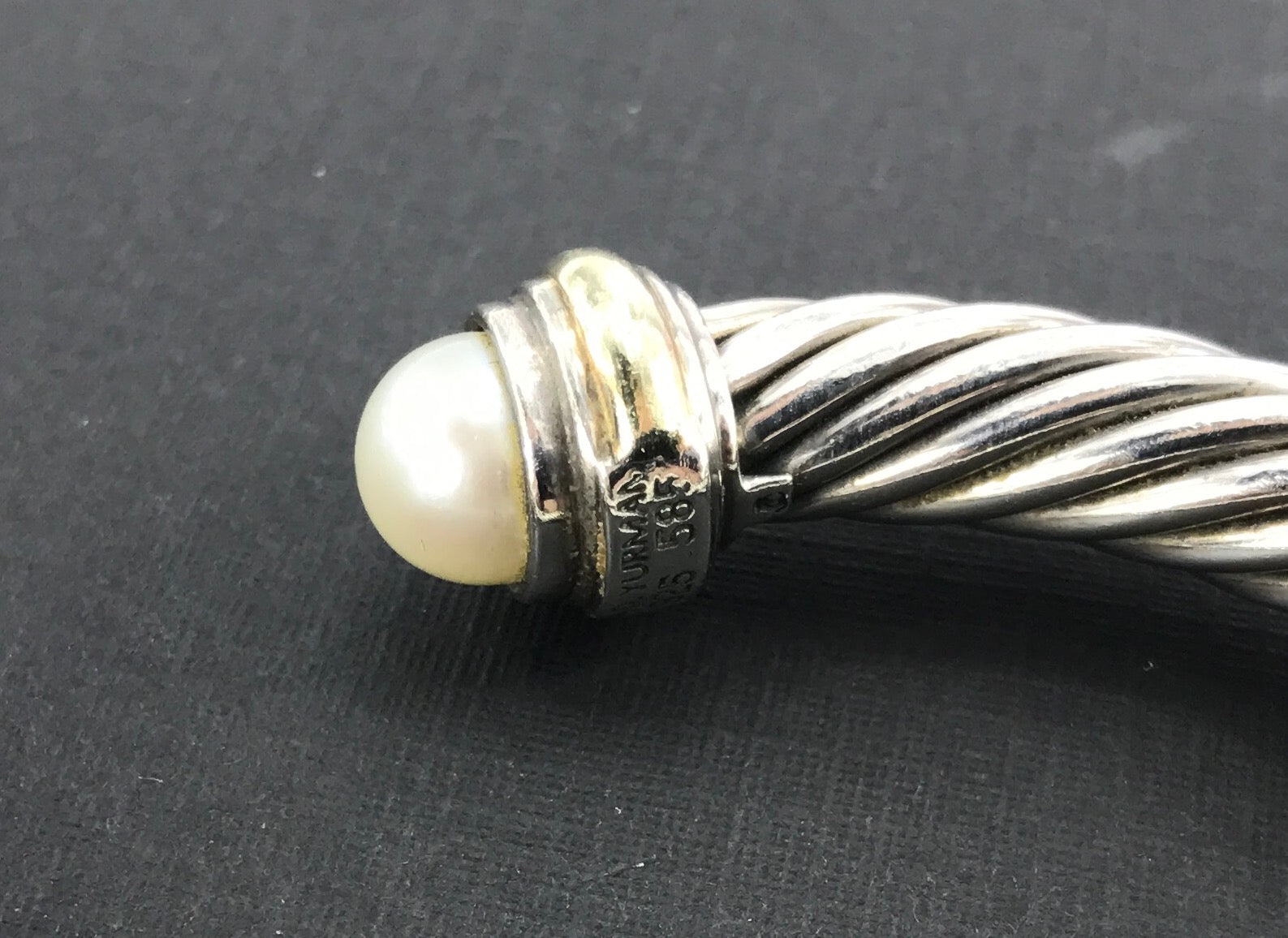David Yurman Sterling Silver 14K Gold Pearl Classic 7mm Cable Cuff Bracelet - Queen May