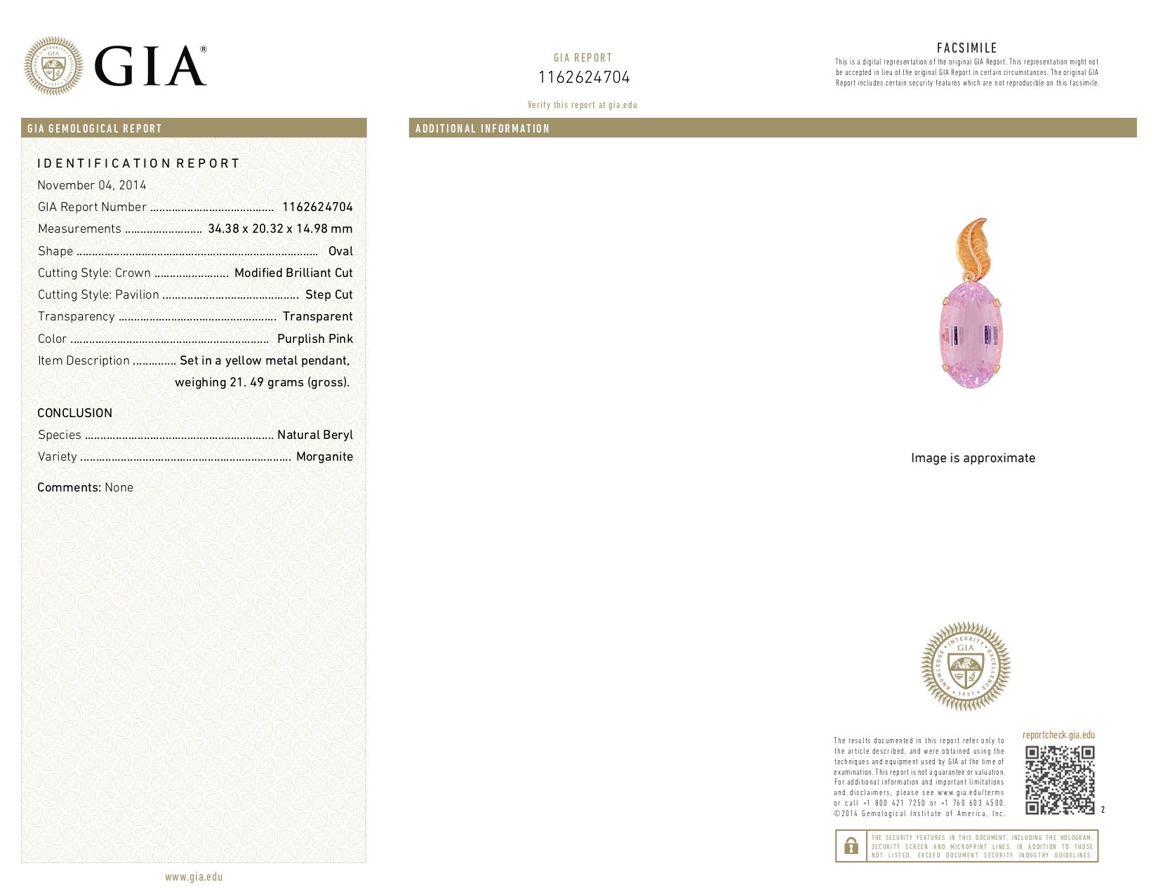 Modern 18K Yellow Gold 69.32 Carat Morganite Pendant GIA Certification - Queen May