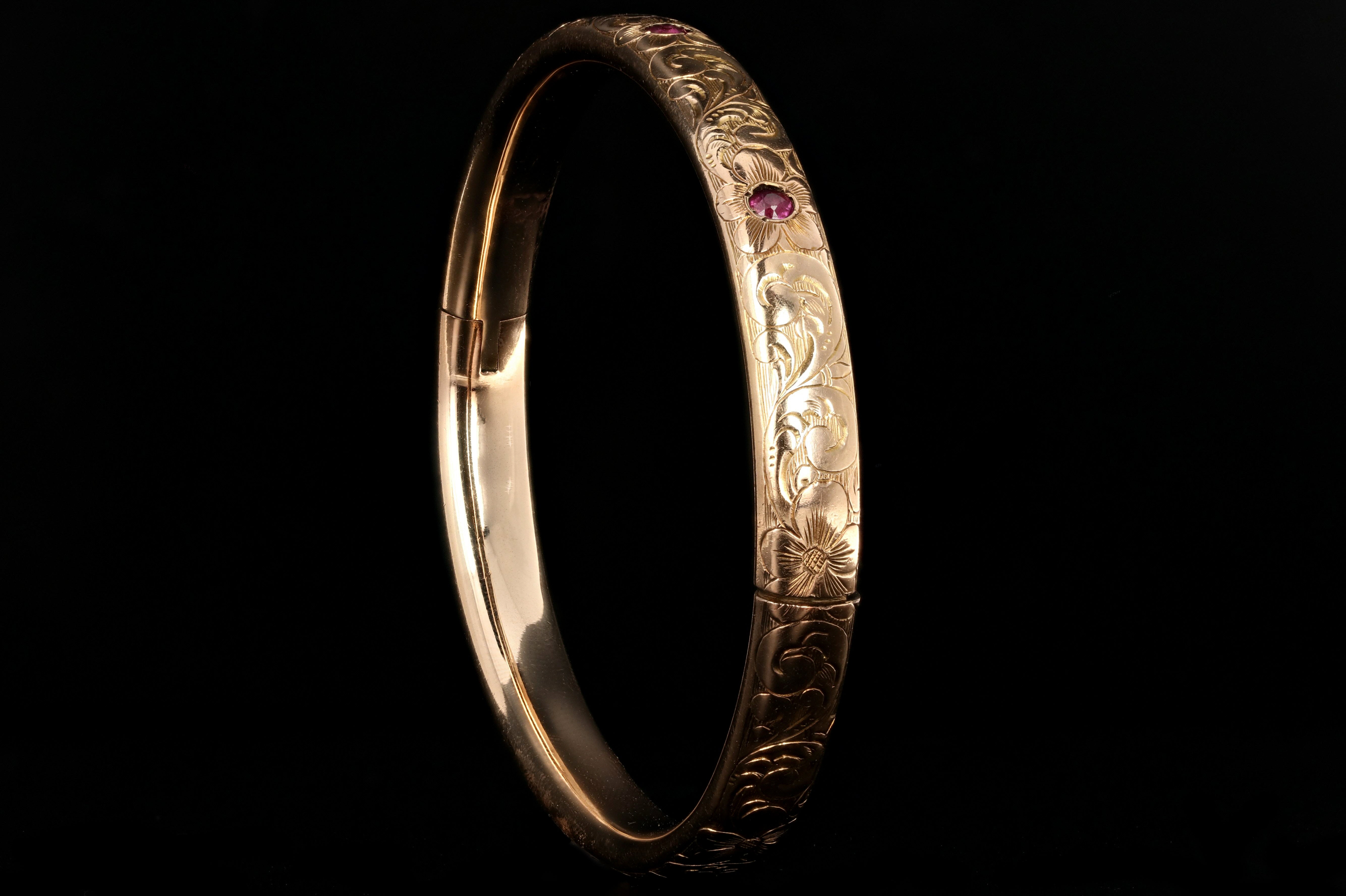 Victorian 14K Gold & Ruby Floral Bangle Bracelet c.1890's - Queen May