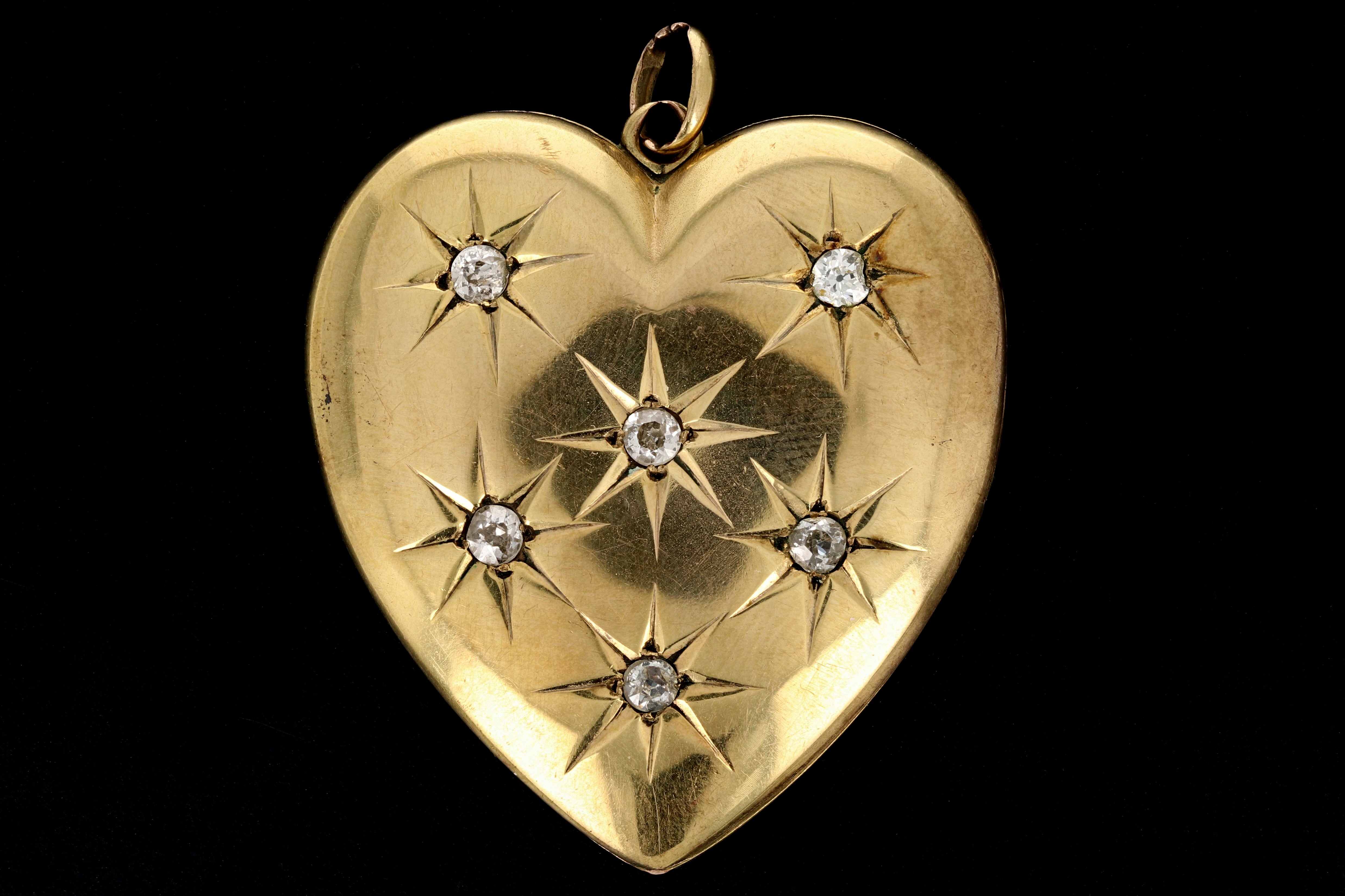 Victorian 10K Yellow Gold Sunburst Diamond Heart Locket - Queen May