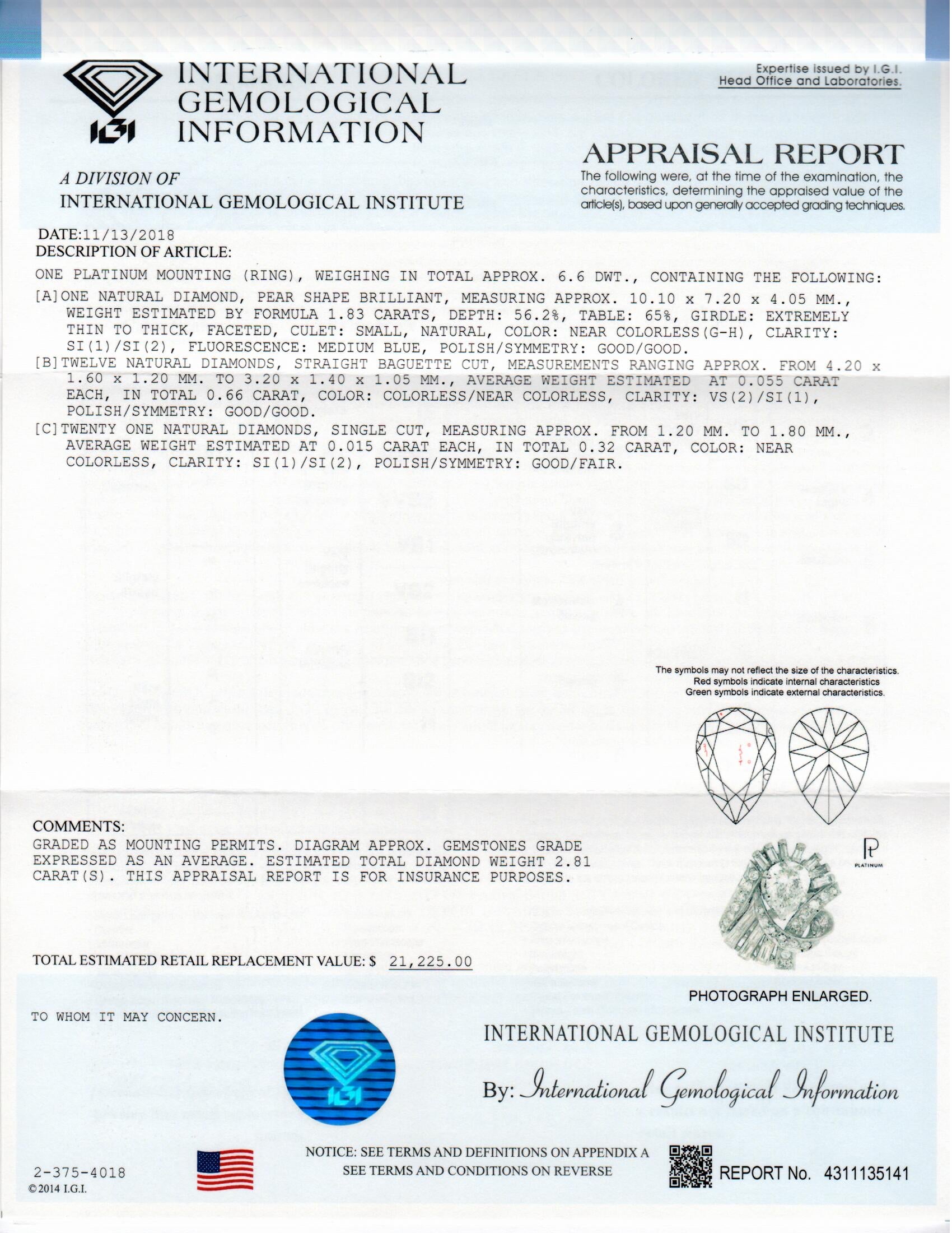Retro Platinum 1.83 Carat Pear Cut Diamond Cluster Ring IGI Appraisal Report - Queen May