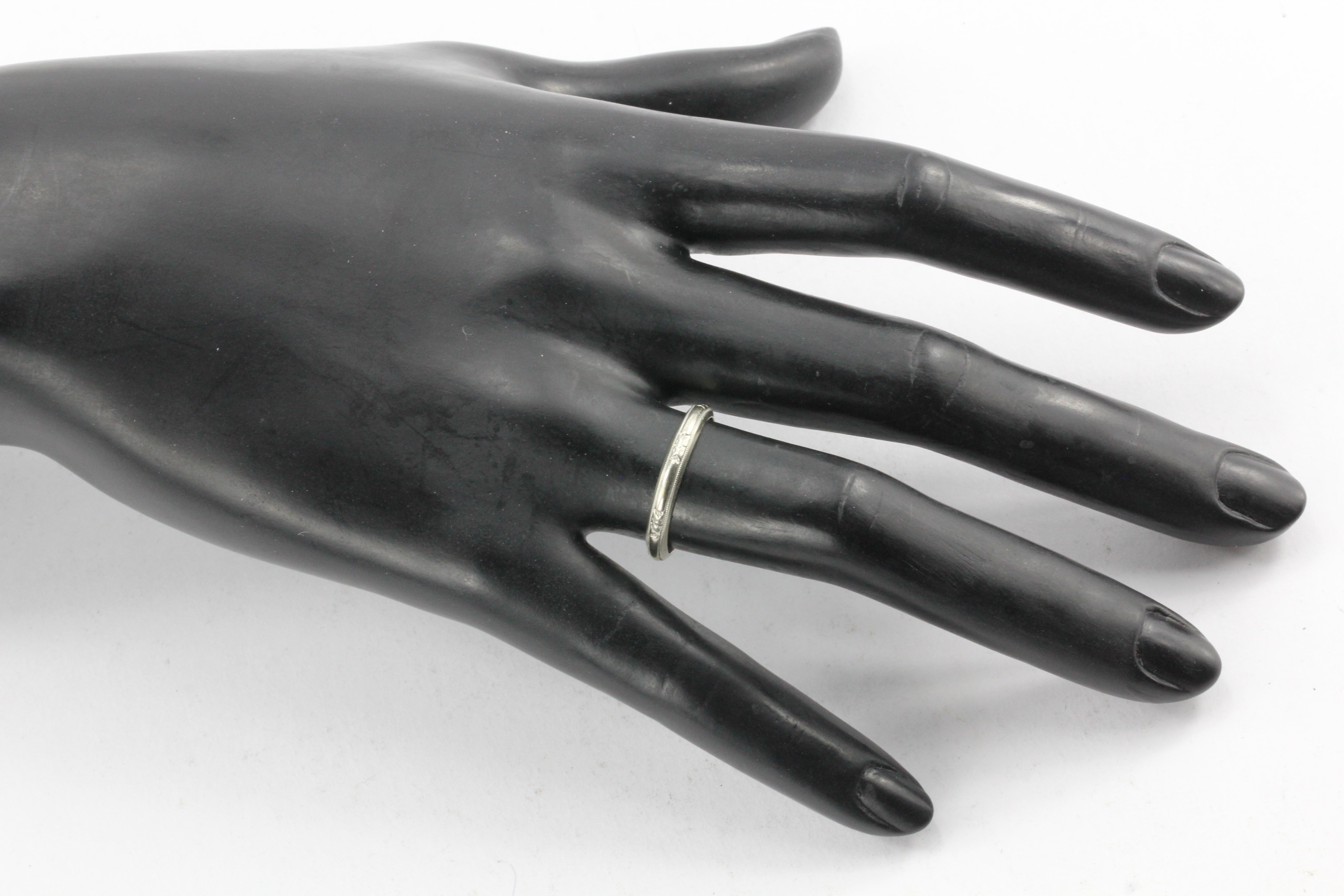 14K White Gold Art Deco Etched Wedding Band - Queen May