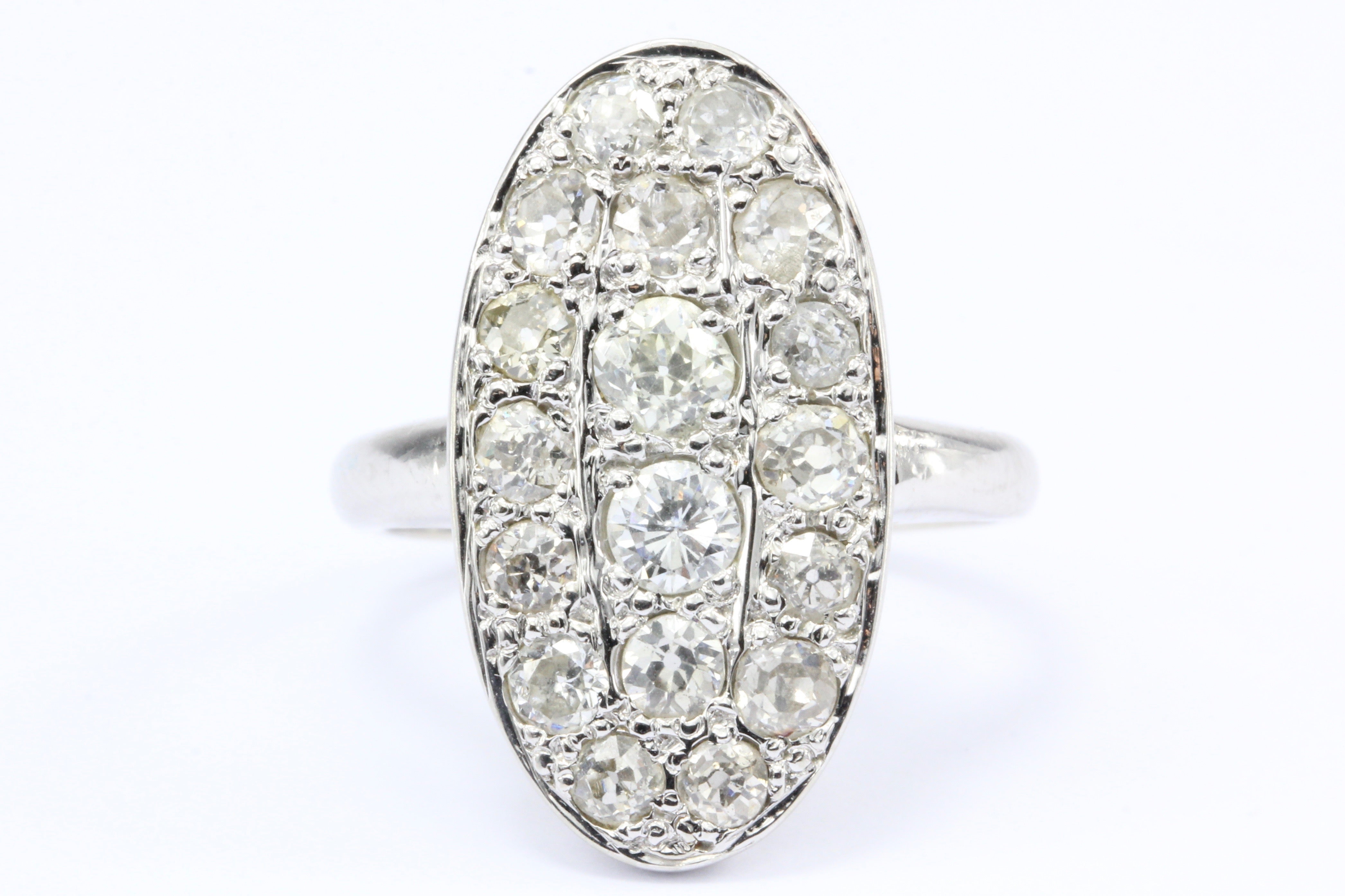 Art Deco 14K White Gold Old European Cut Diamond Oval Cluster Ring - Queen May