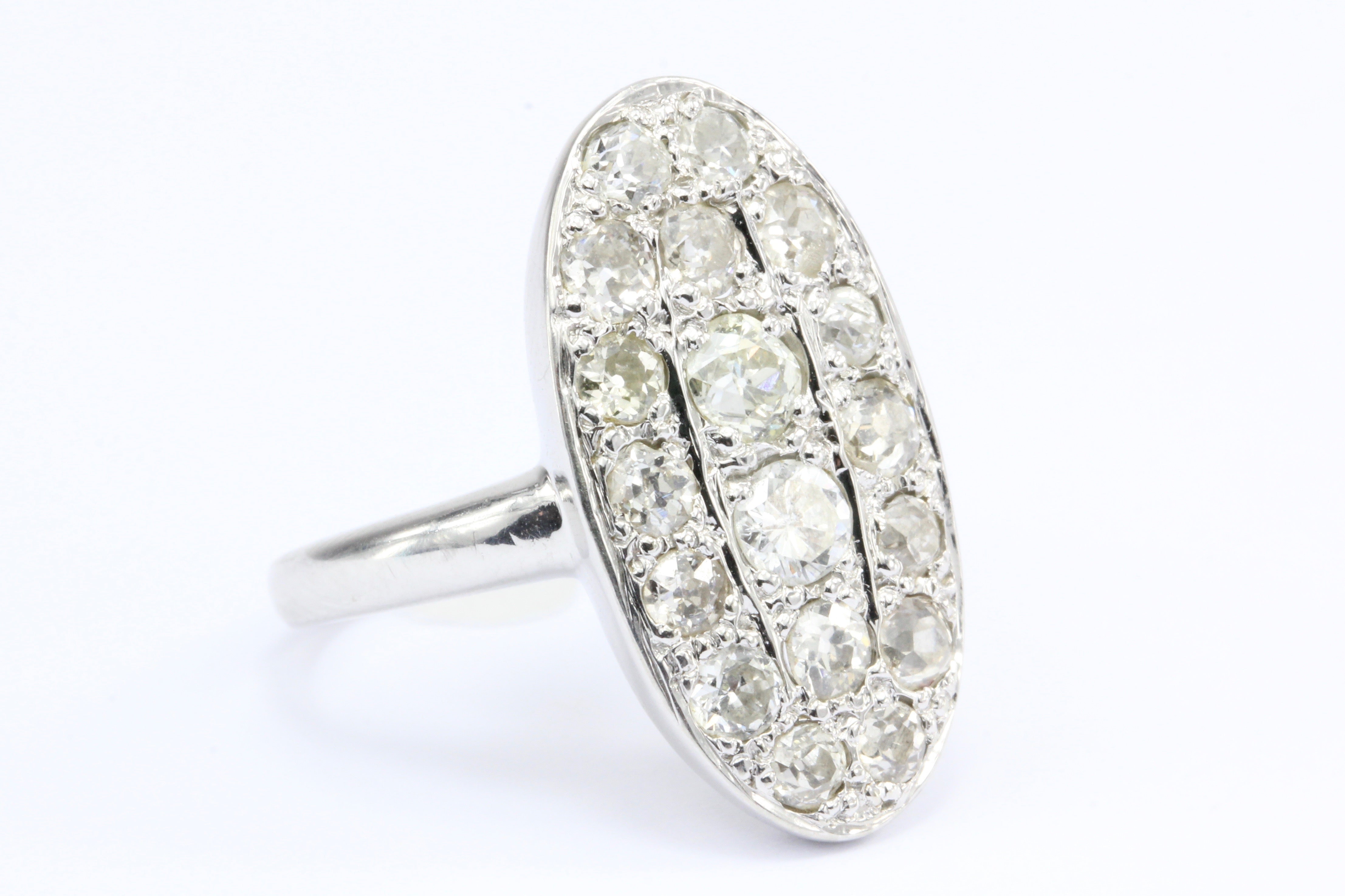 Art Deco 14K White Gold Old European Cut Diamond Oval Cluster Ring - Queen May
