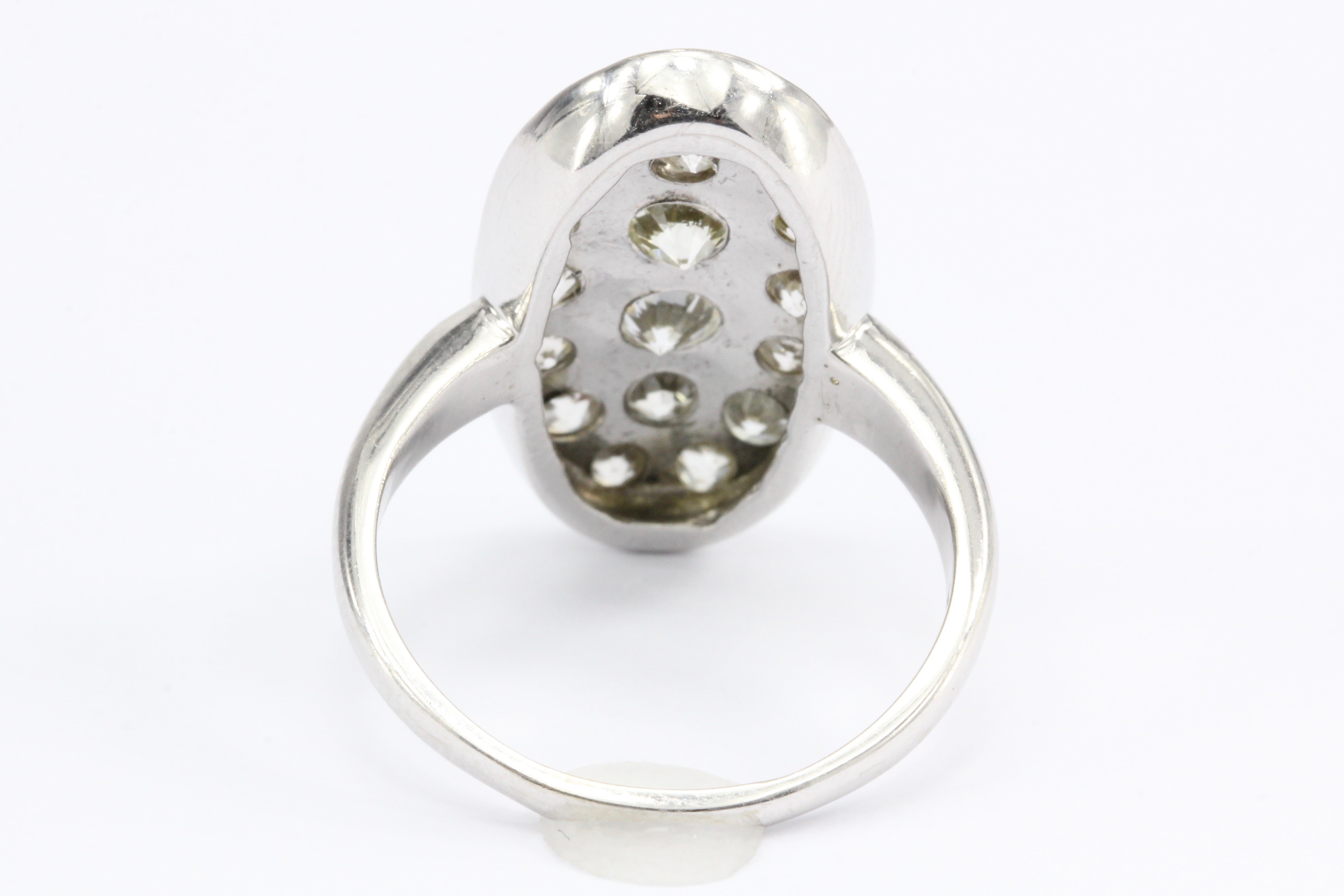 Art Deco 14K White Gold Old European Cut Diamond Oval Cluster Ring - Queen May