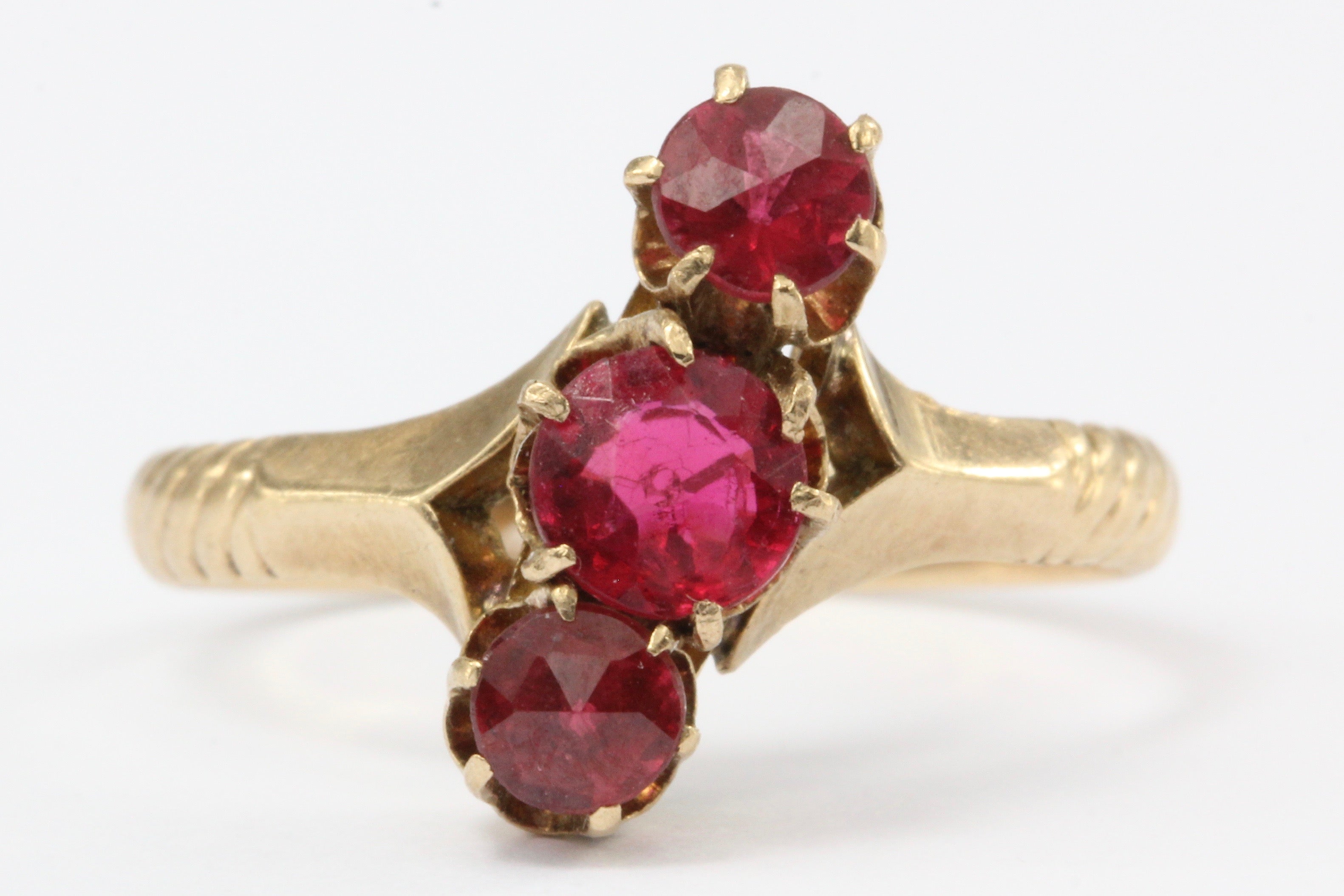 Victorian 14K Rose Gold Ruby Paste 3 Stone Ring c.1880 - Queen May