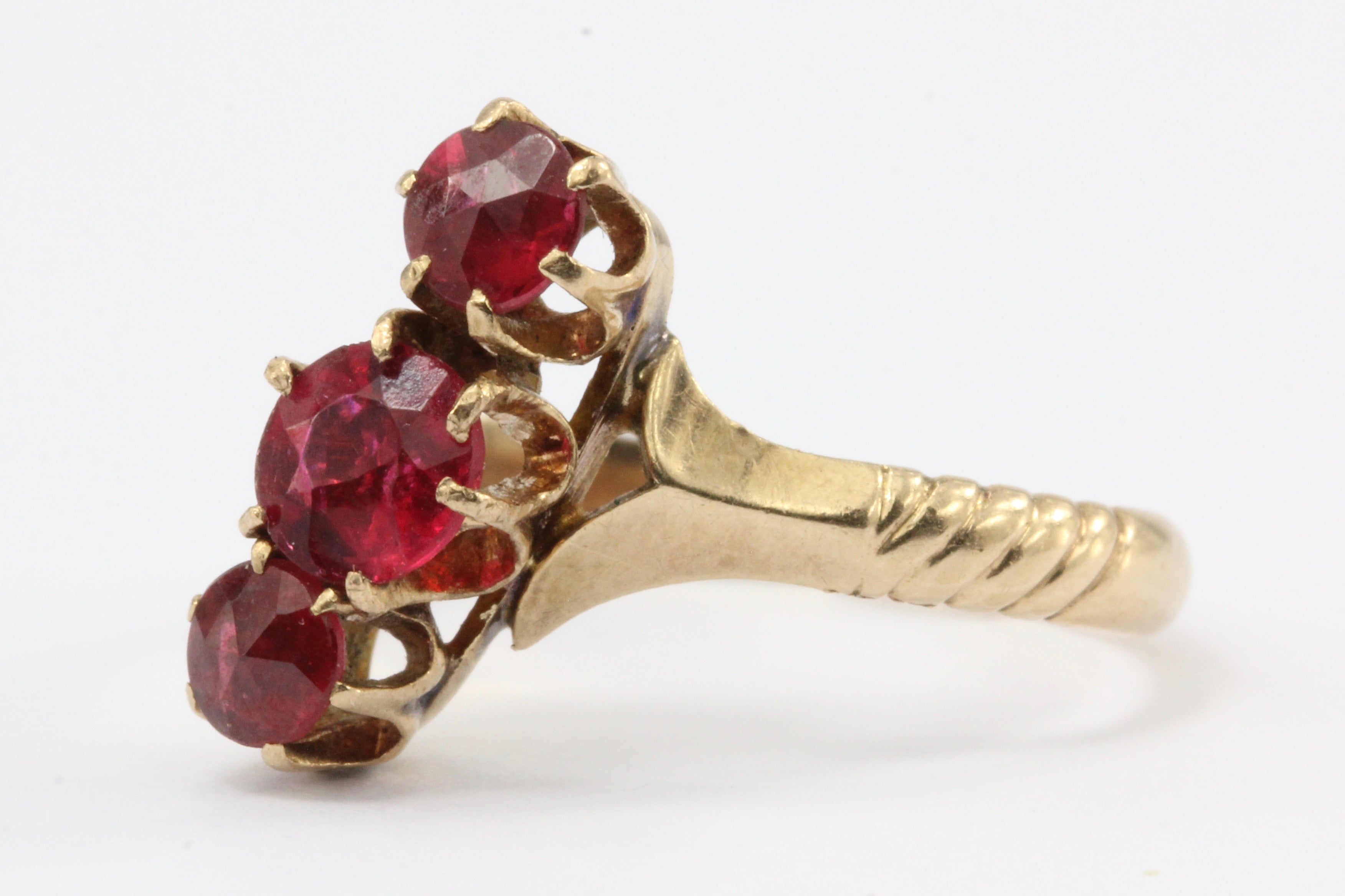 Victorian 14K Rose Gold Ruby Paste 3 Stone Ring c.1880 - Queen May