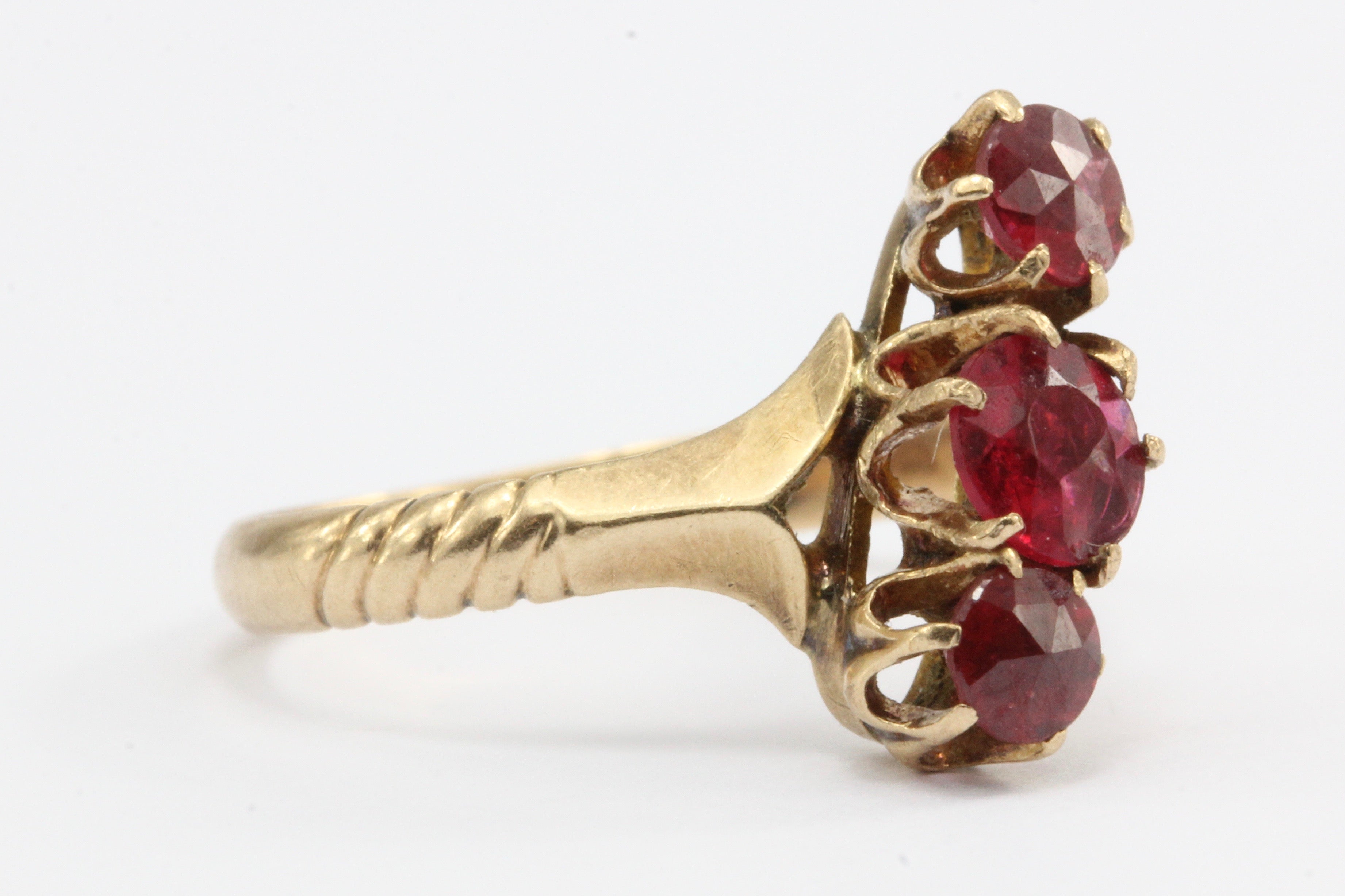 Victorian 14K Rose Gold Ruby Paste 3 Stone Ring c.1880 - Queen May