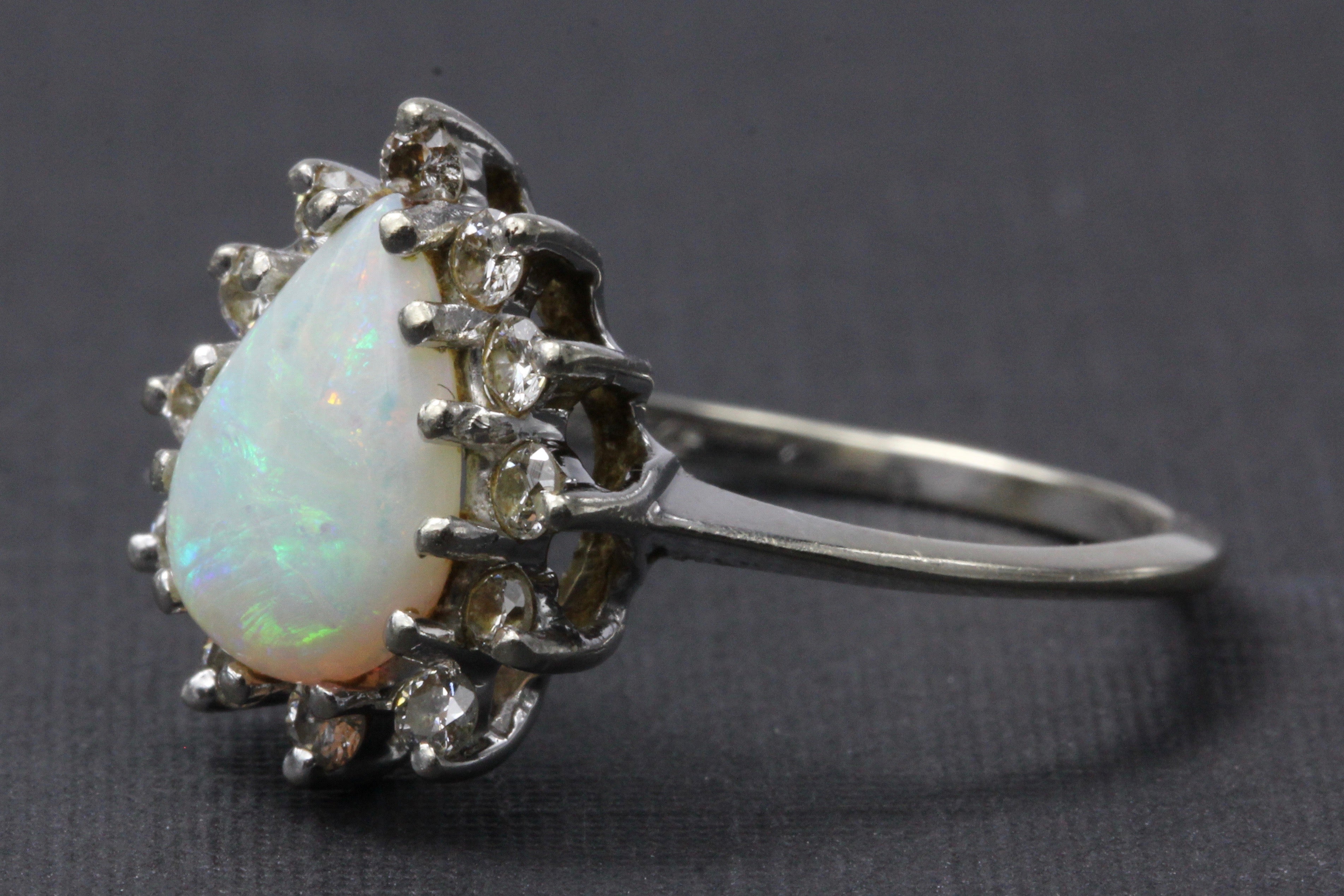 Retro 14K White Gold Opal Diamond Ring by Famor c.1960's - Queen May