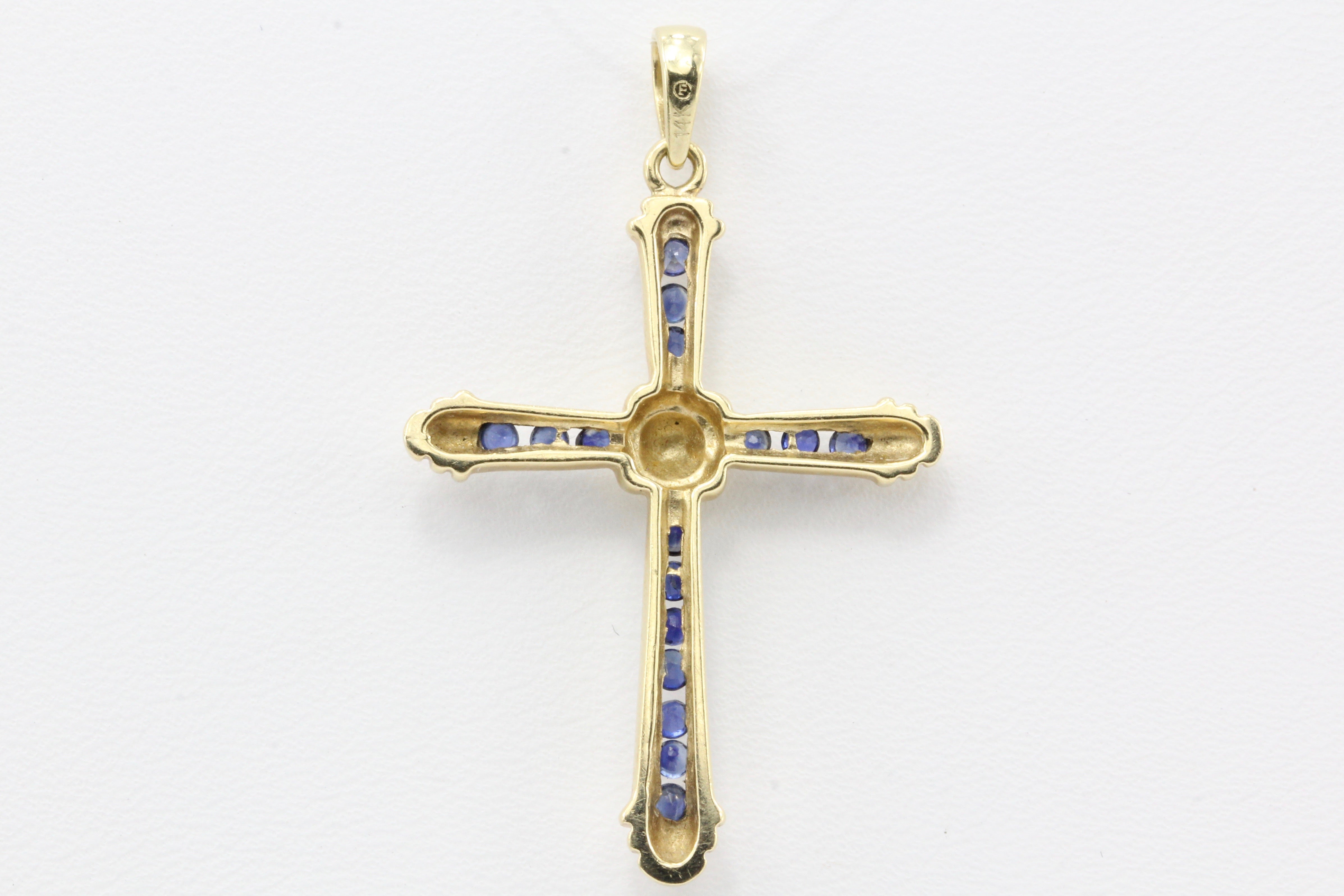 14K Gold Blue Sapphire Cross Pendant - Queen May
