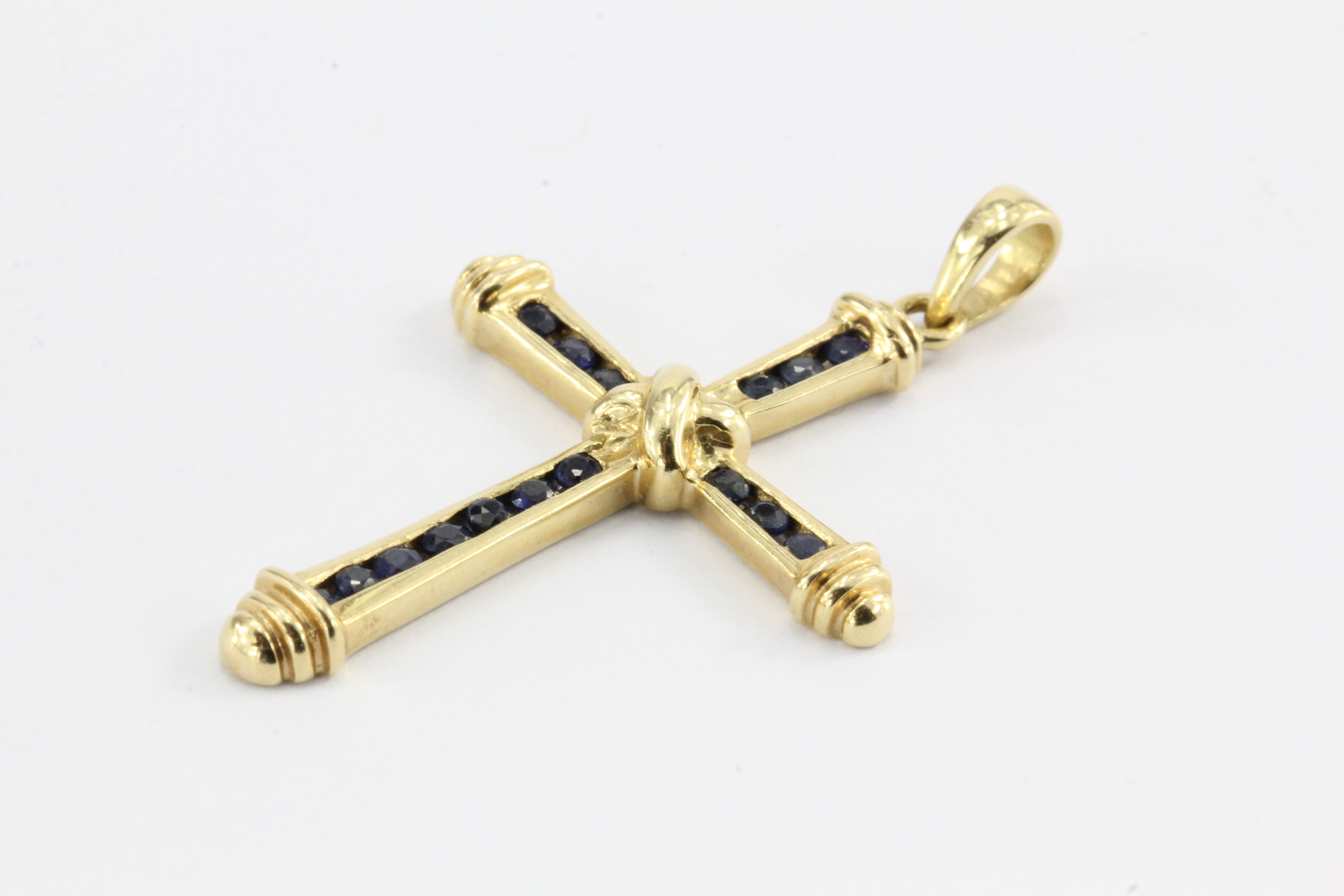 14K Gold Blue Sapphire Cross Pendant - Queen May