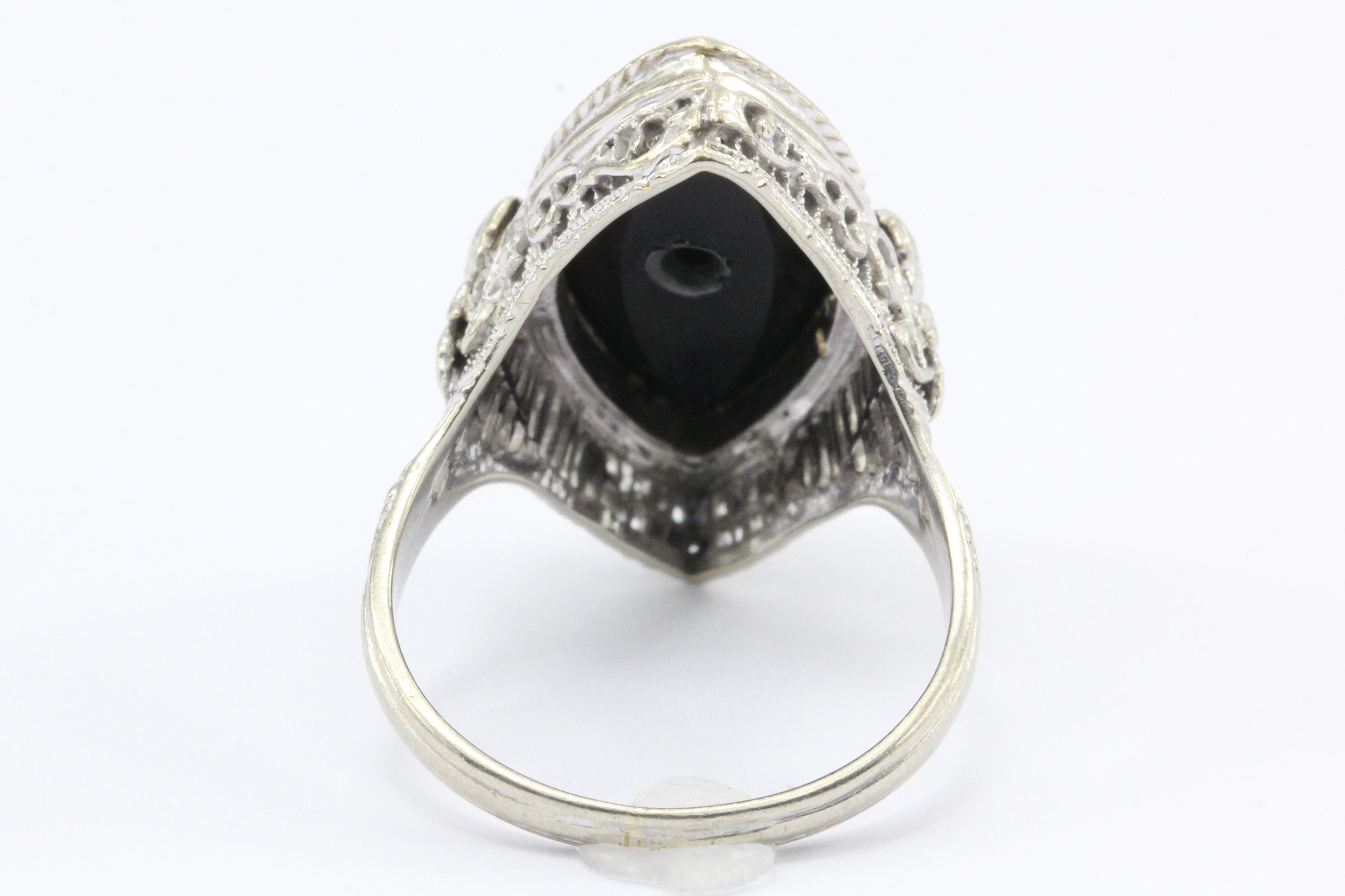 Art Deco 14K White Gold Onyx Diamond J.J. White Co. Filigree Ring c.1920's - Queen May