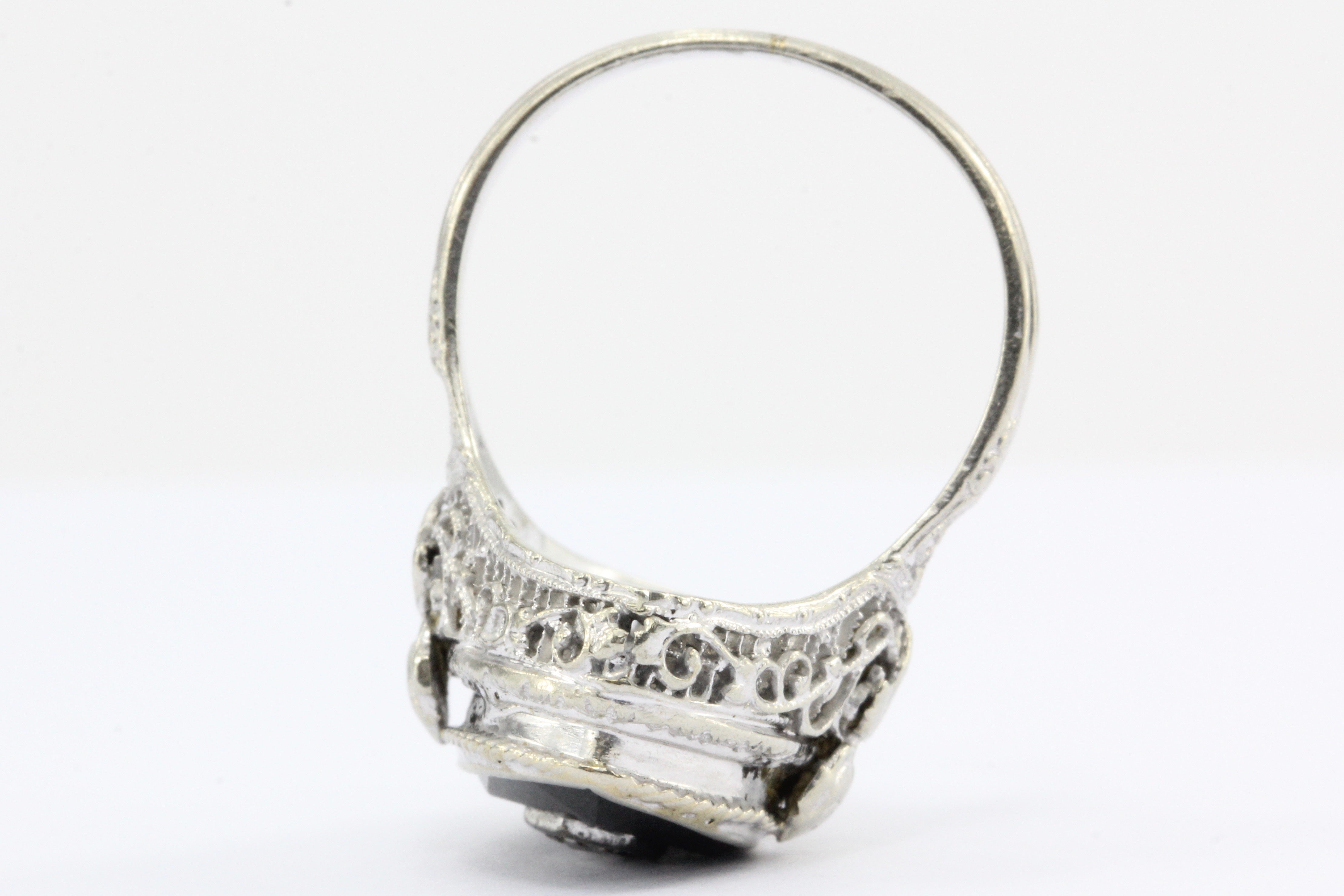 Art Deco 14K White Gold Onyx Diamond J.J. White Co. Filigree Ring c.1920's - Queen May