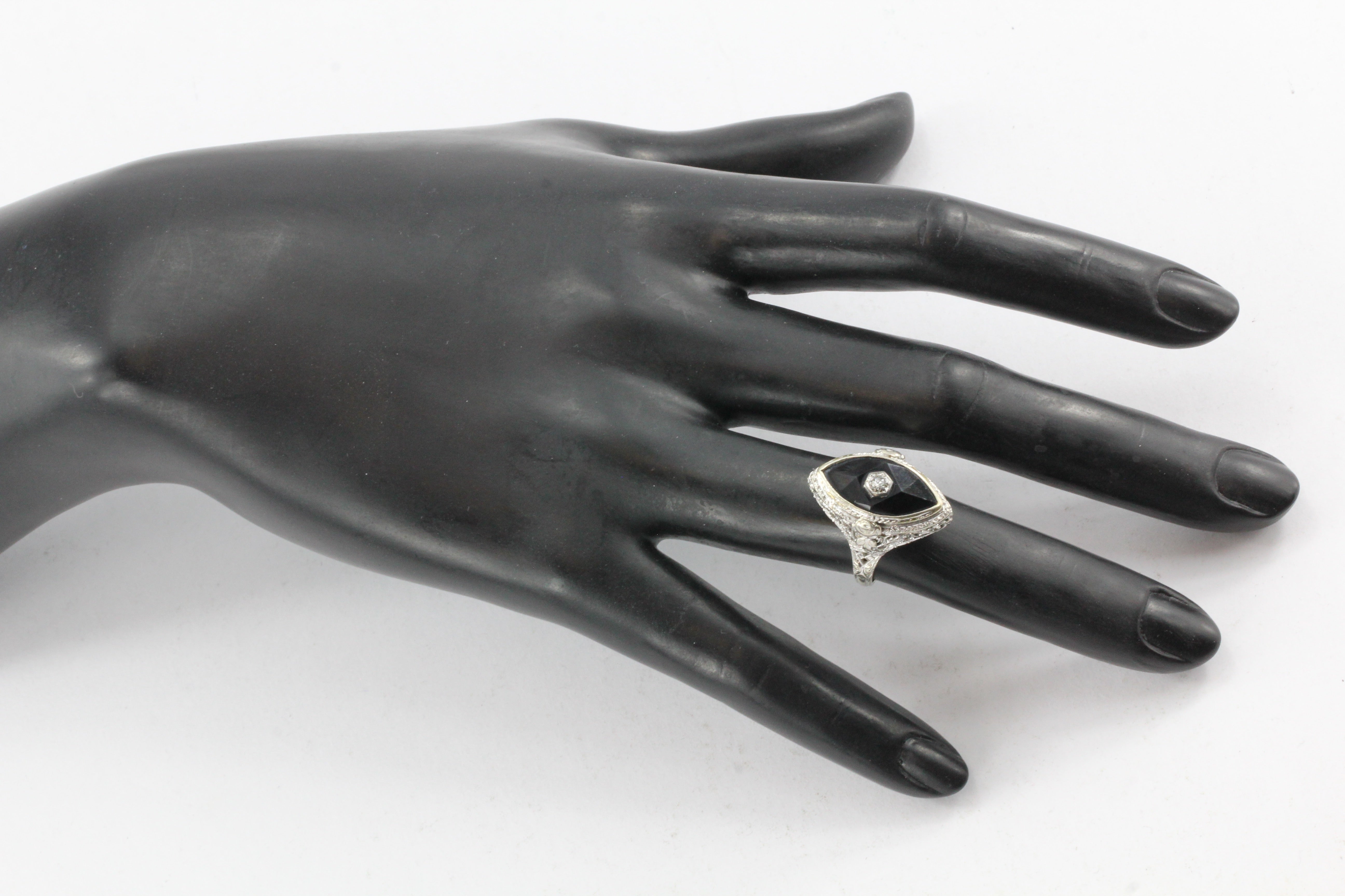 Art Deco 14K White Gold Onyx Diamond J.J. White Co. Filigree Ring c.1920's - Queen May
