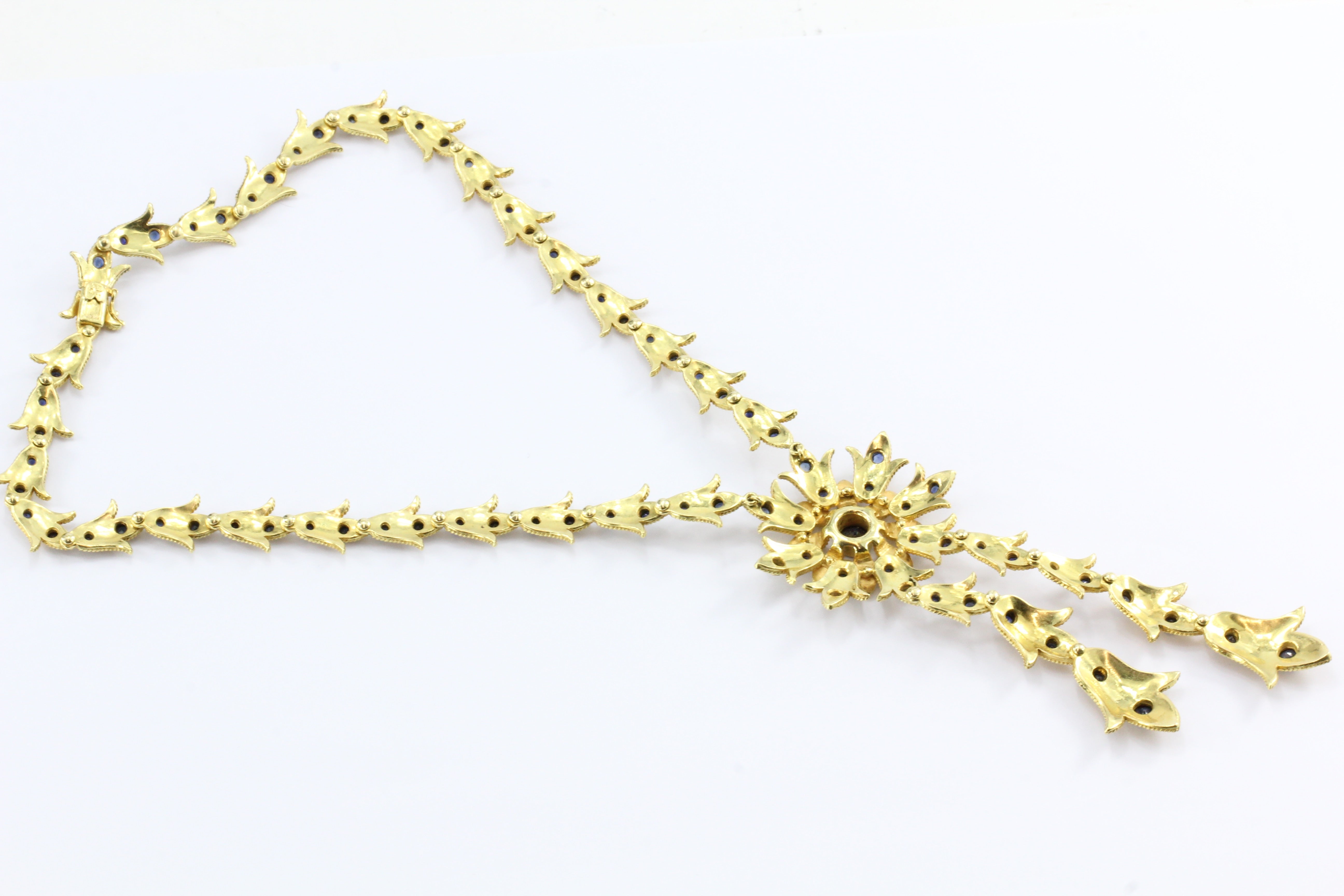 Vintage Greek / Greece 18K Gold Blue Sapphire Florette Necklace 7.5 ctw - Queen May