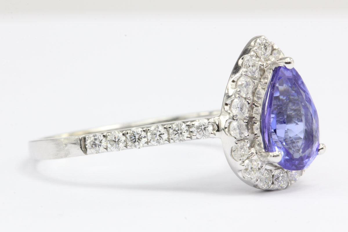 14k White Gold Tanzanite Diamond Halo Engagement Ring - Queen May