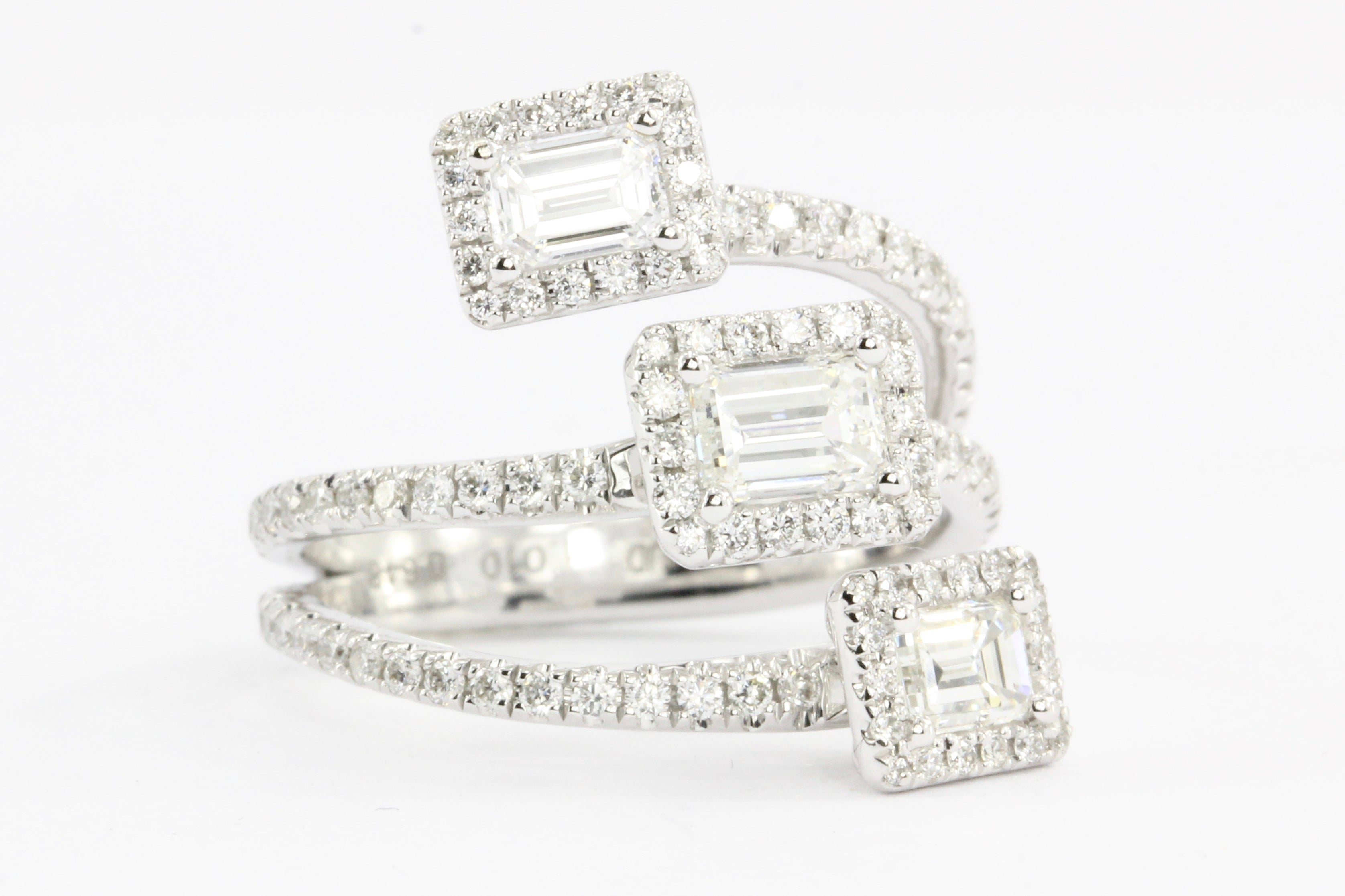 14K White Gold Emerald Cut Diamond Triple Bypass Ring - Queen May