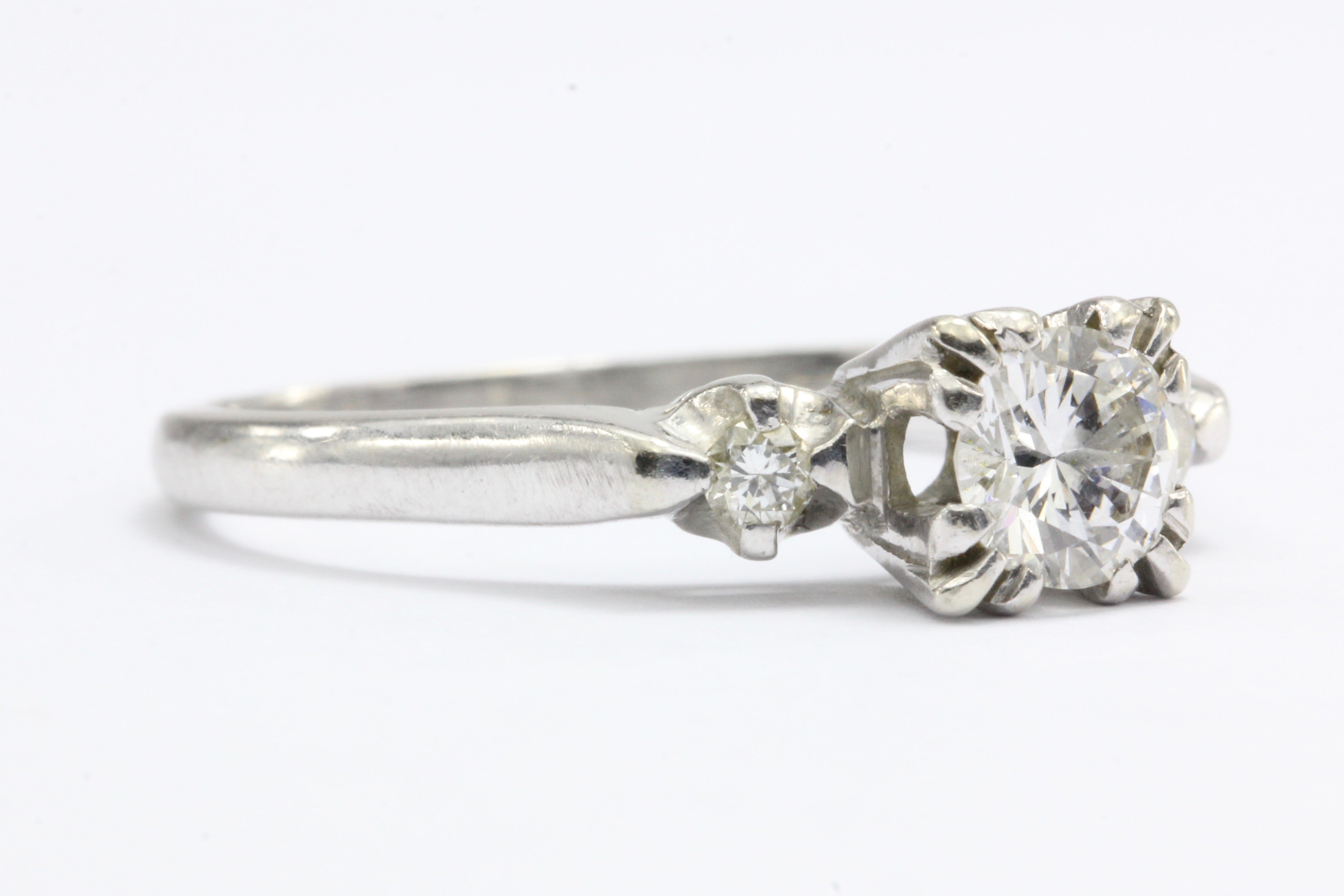 Retro 14K White Gold 3 Stone Diamond Engagement Ring c. 1940's - Queen May