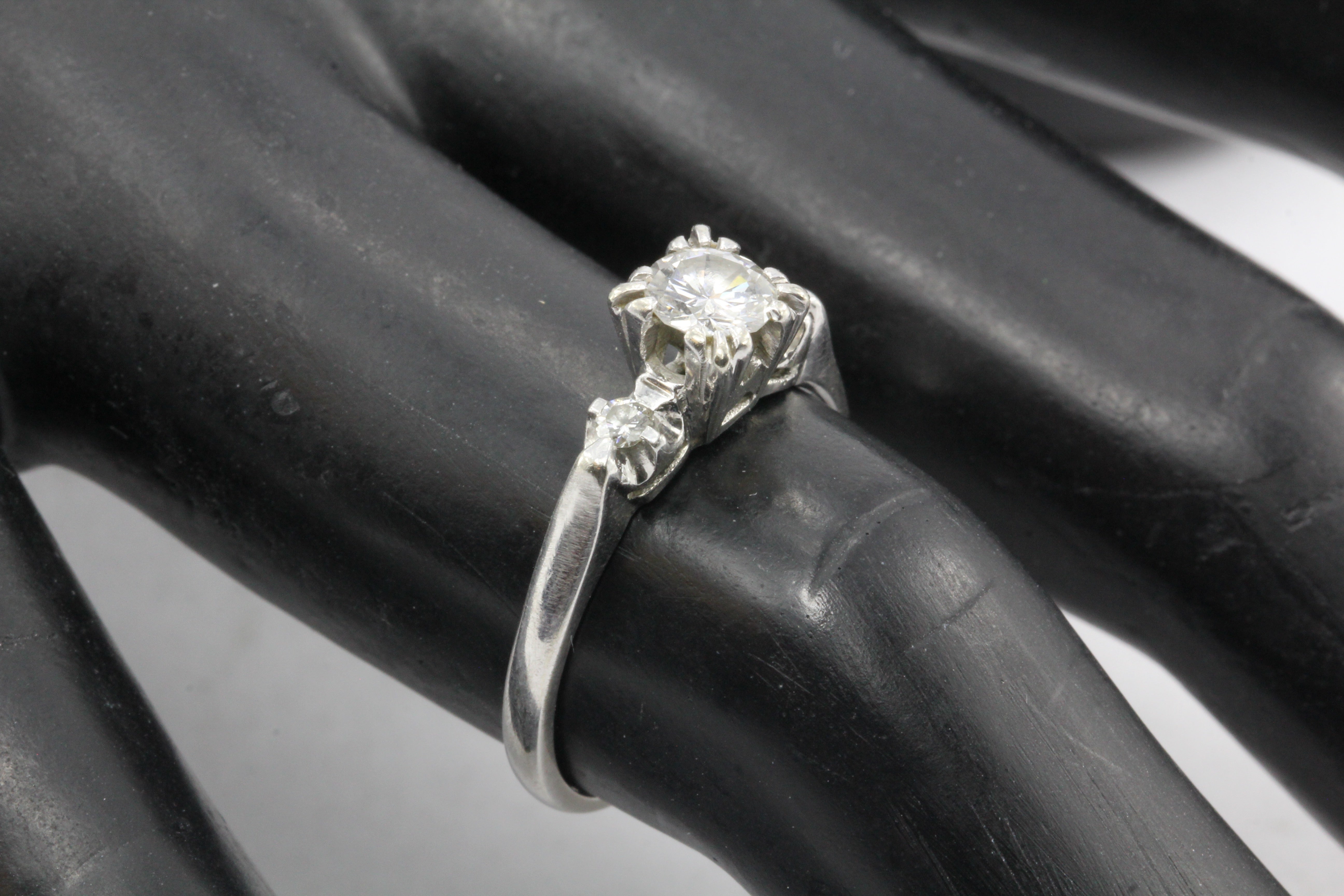 Retro 14K White Gold 3 Stone Diamond Engagement Ring c. 1940's - Queen May