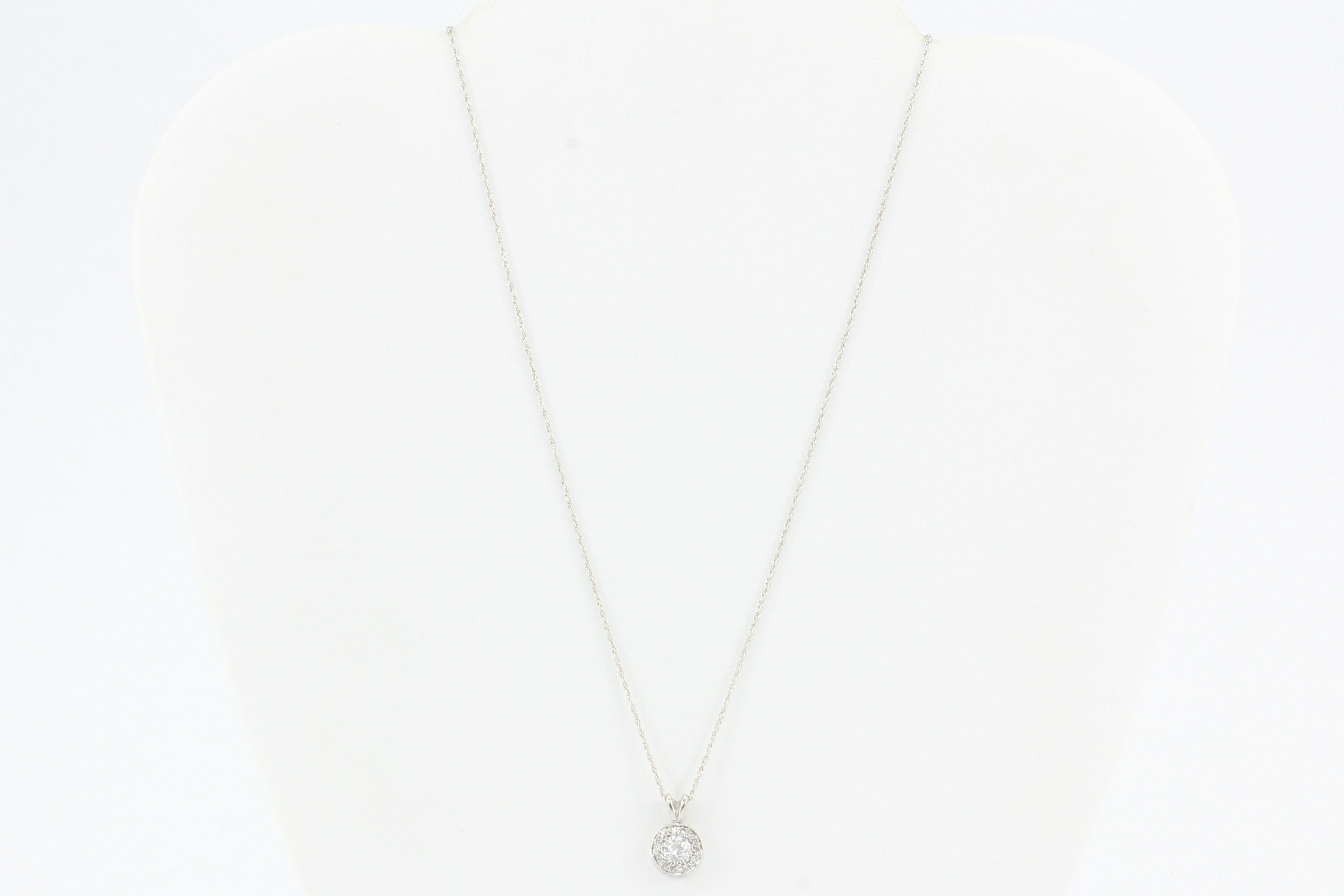 Art Deco 14K White Gold Old European Cut Diamond Pendant Necklace c.1930's - Queen May