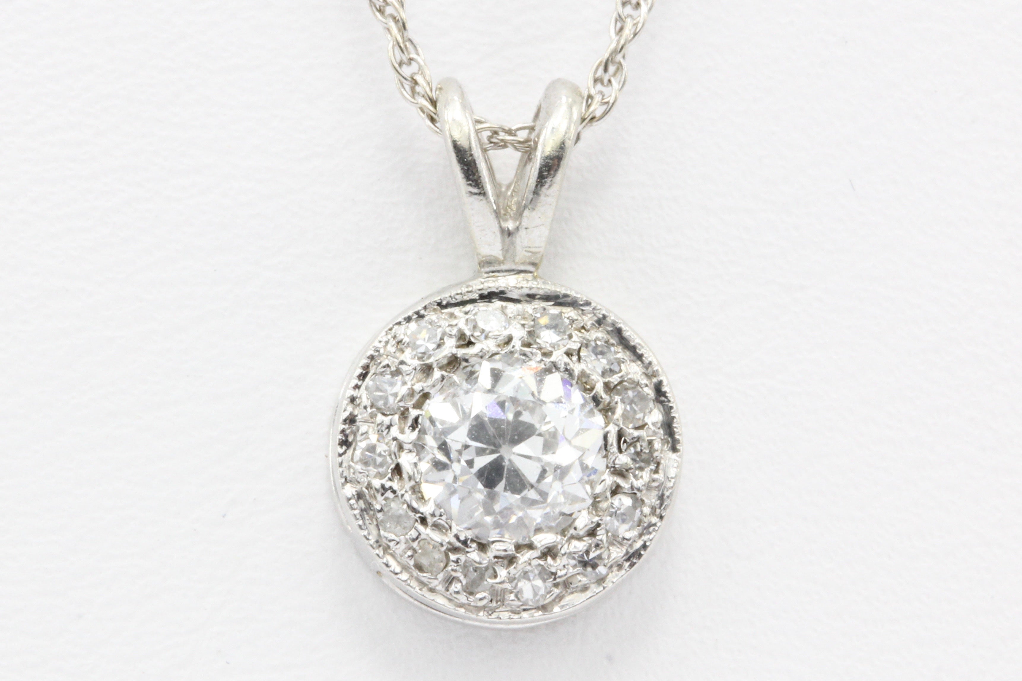 Art Deco 14K White Gold Old European Cut Diamond Pendant Necklace c.1930's - Queen May