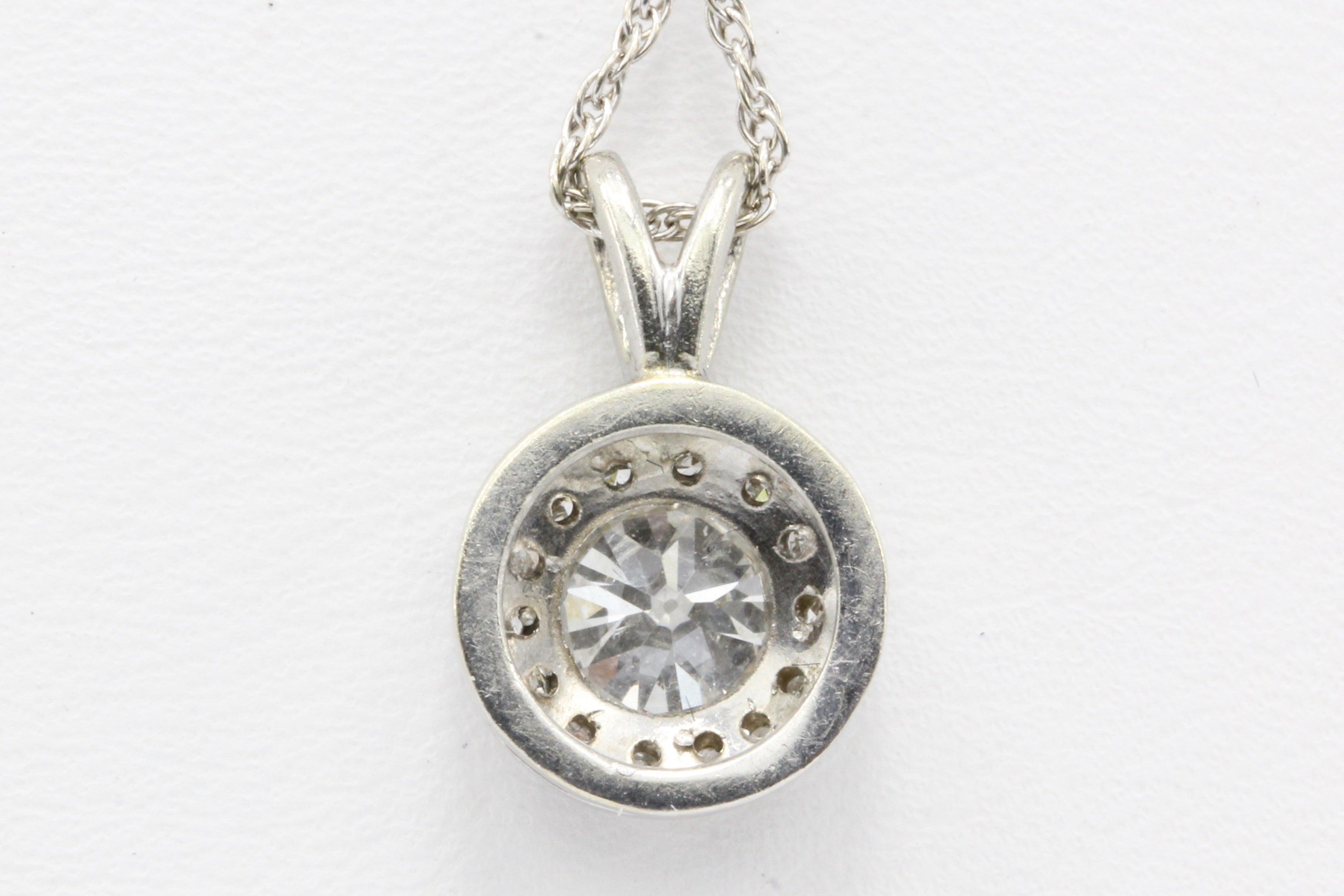Art Deco 14K White Gold Old European Cut Diamond Pendant Necklace c.1930's - Queen May
