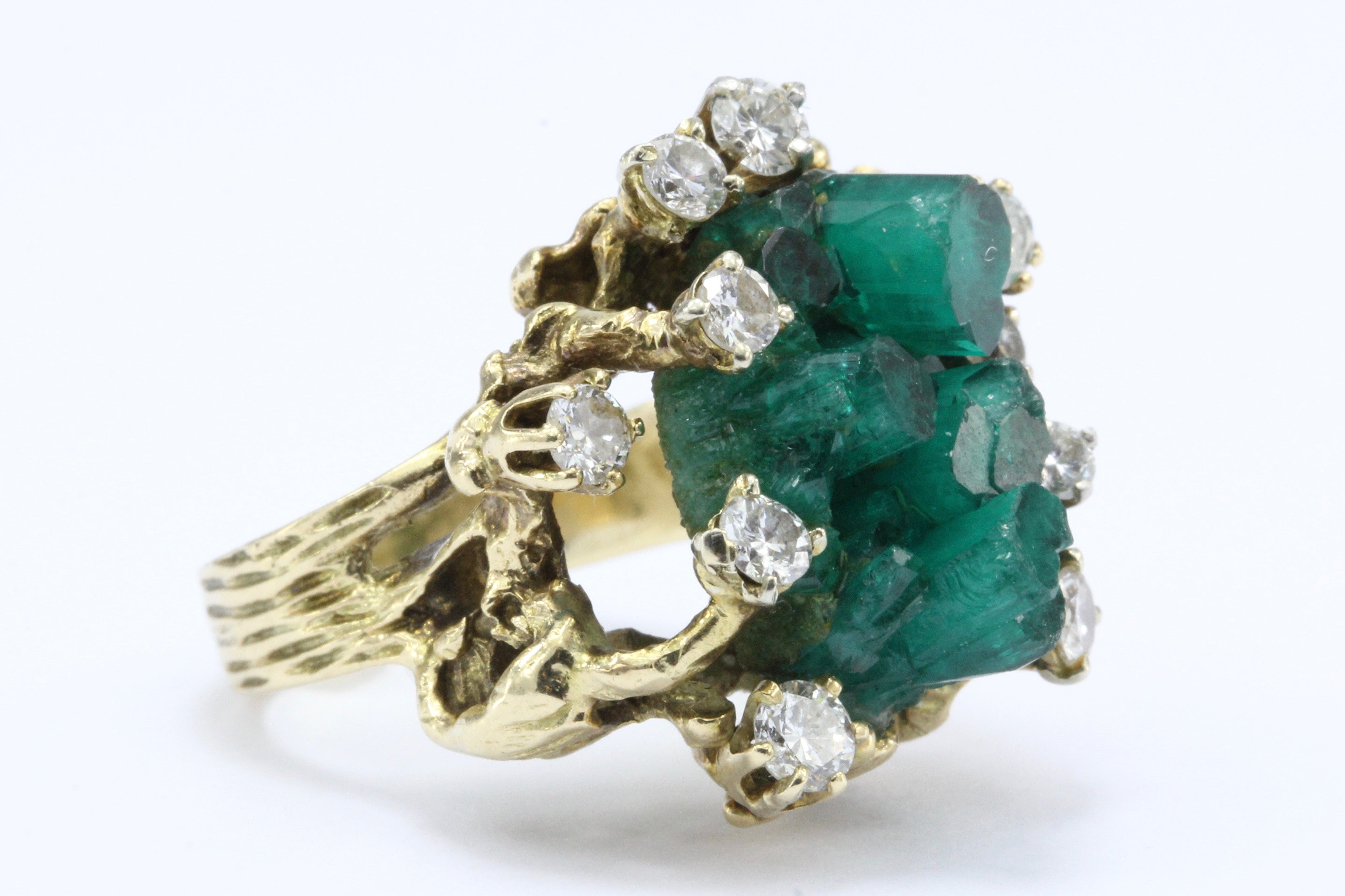Retro 14K Gold Raw Uncut Emerald w/ Diamonds Naturalistic Ring - Queen May