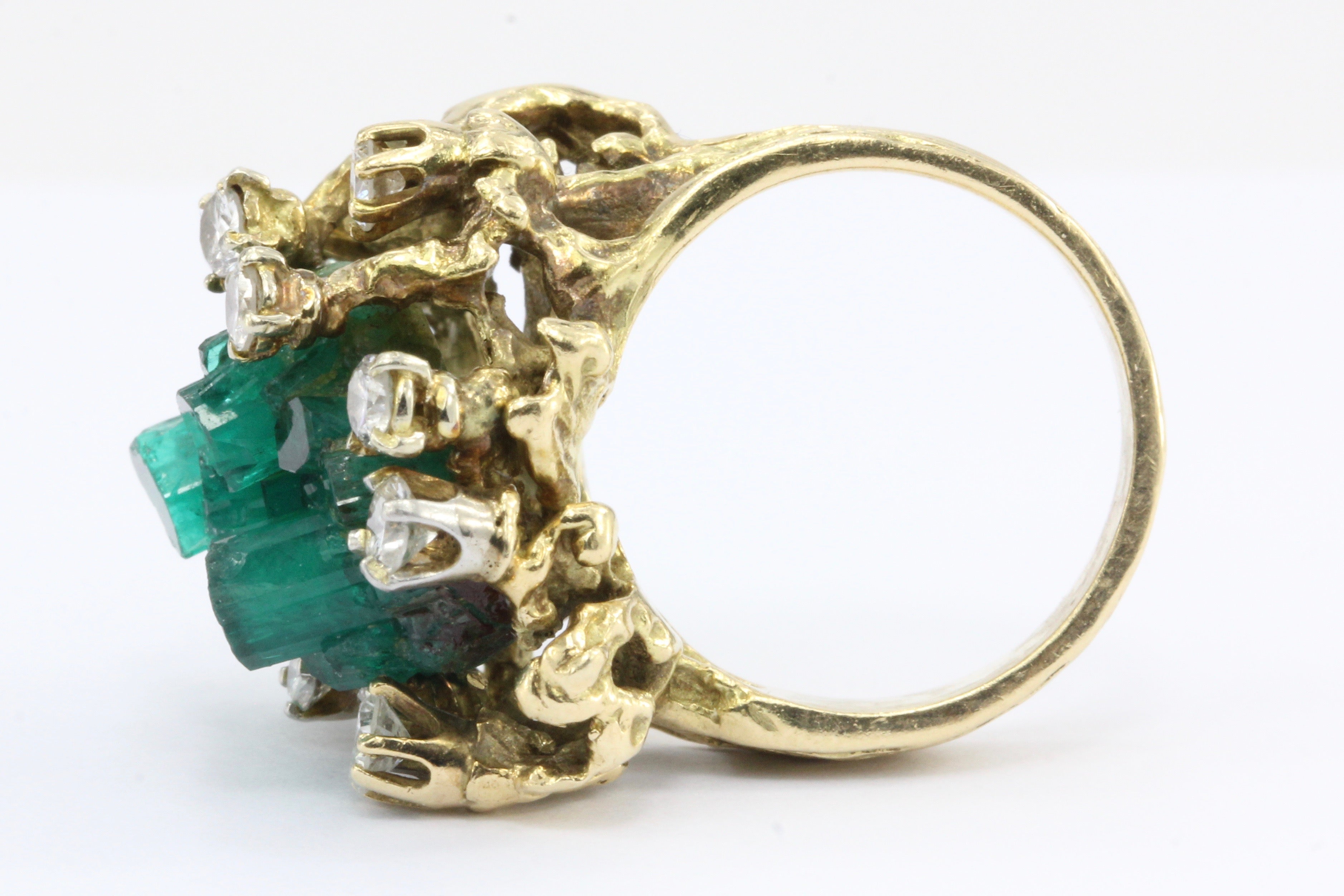 Retro 14K Gold Raw Uncut Emerald w/ Diamonds Naturalistic Ring - Queen May