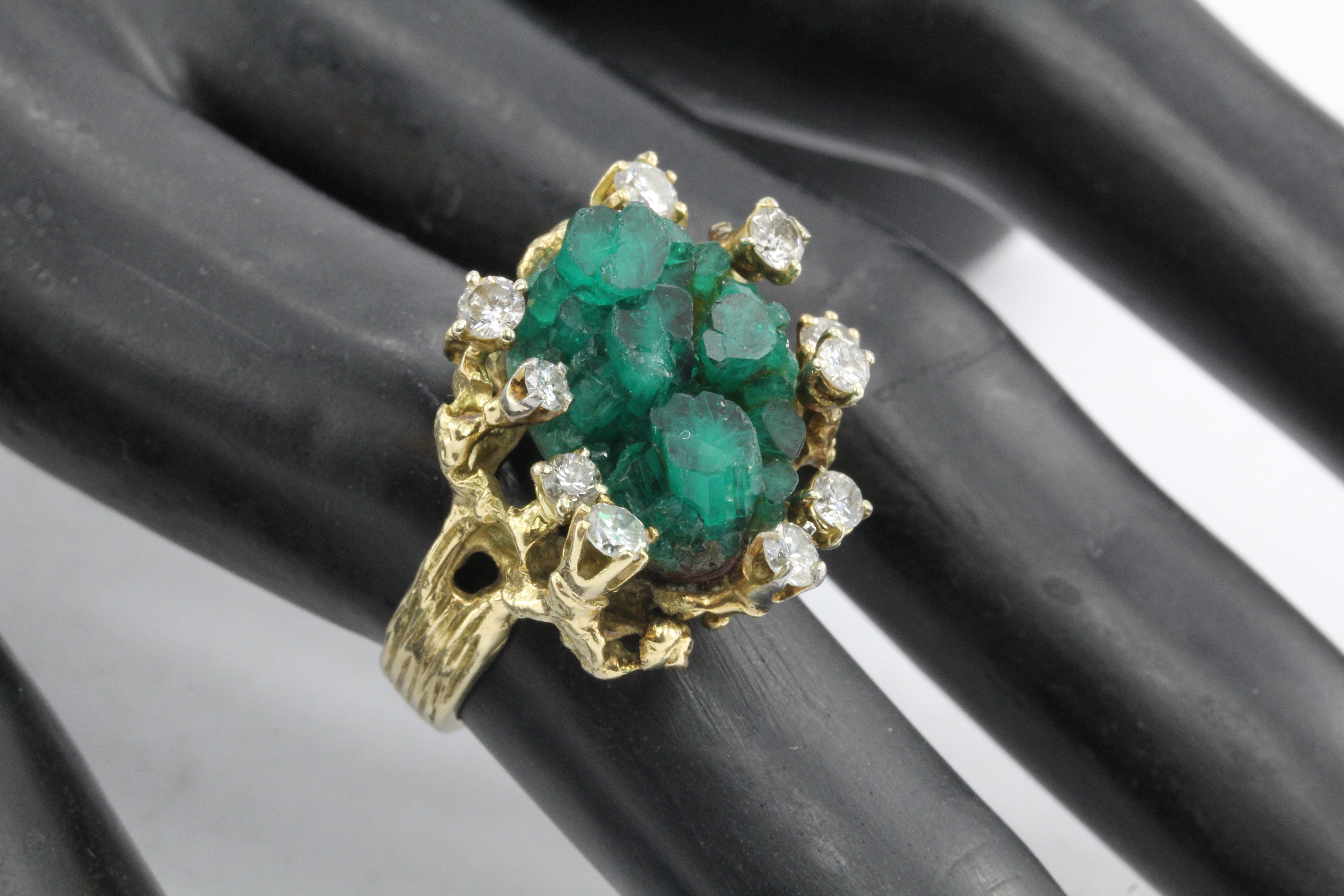 Retro 14K Gold Raw Uncut Emerald w/ Diamonds Naturalistic Ring - Queen May
