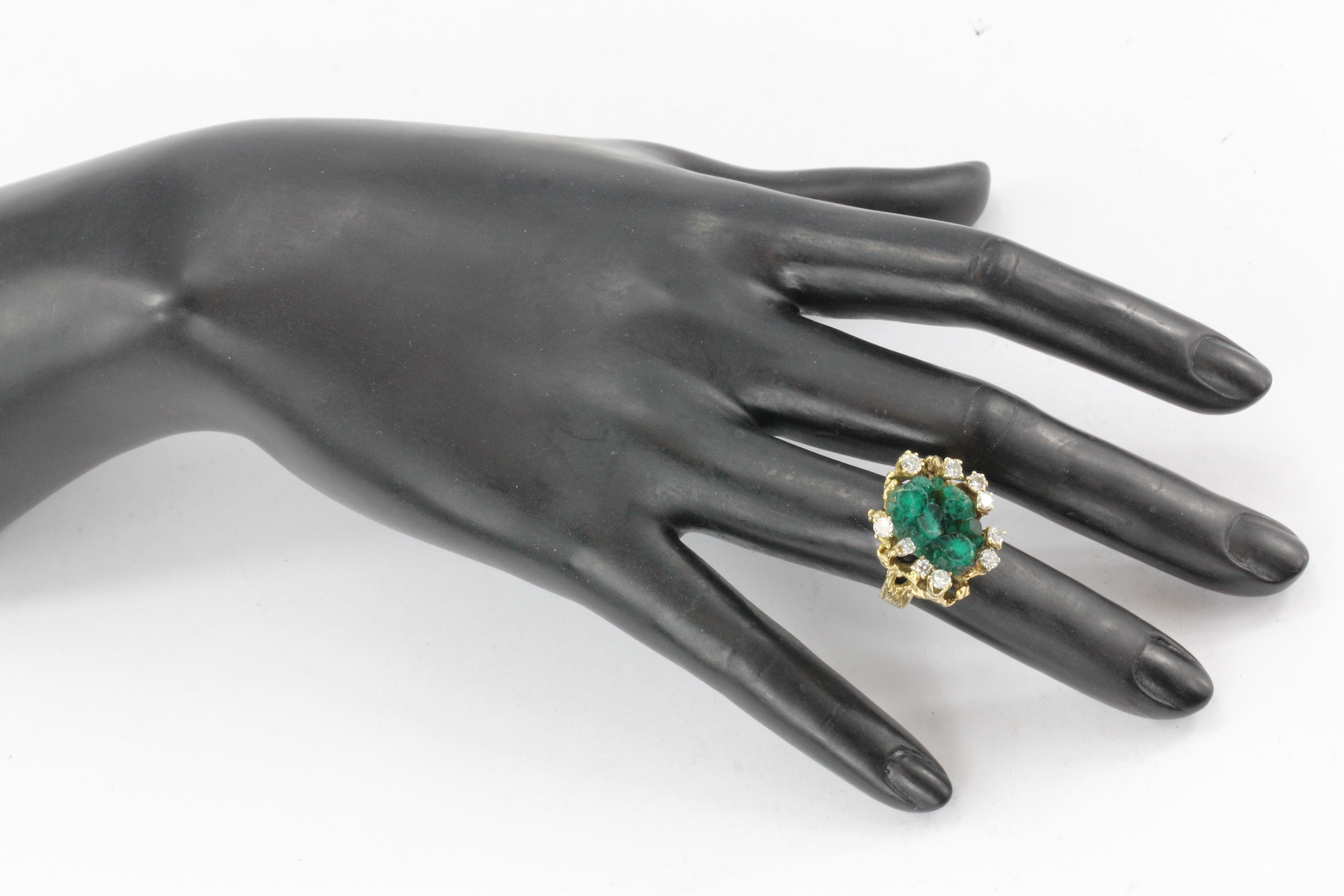Retro 14K Gold Raw Uncut Emerald w/ Diamonds Naturalistic Ring - Queen May