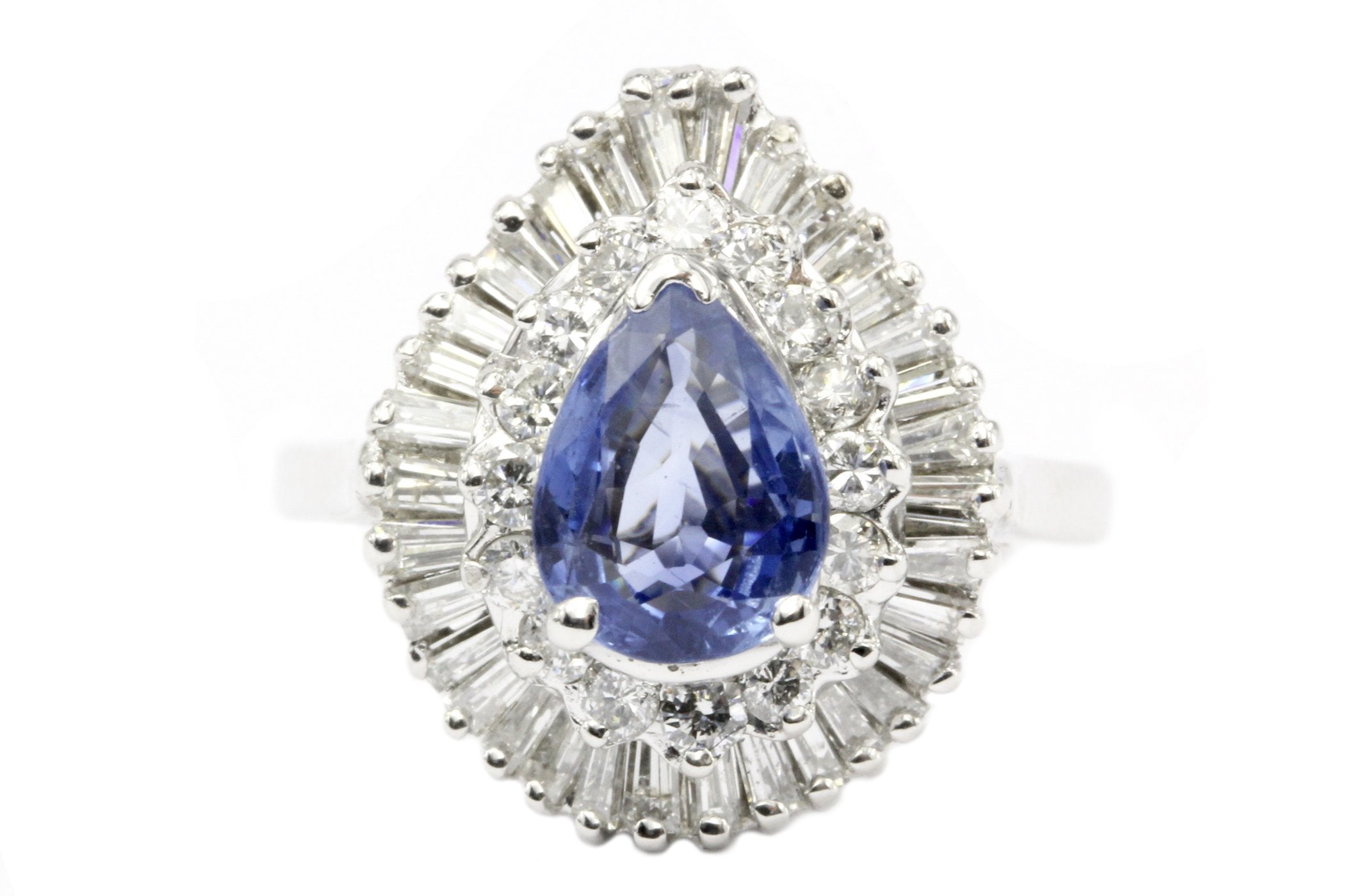 Natural Blue Pear Shaped Sapphire with Diamond Halo 14K White Gold Ring - Queen May