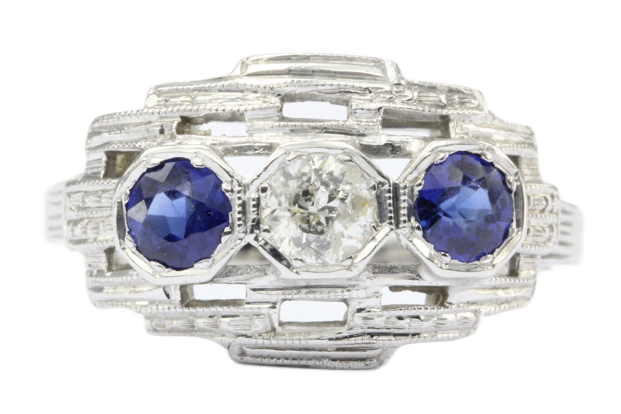 Art Deco 18K White Gold Old European Cut Diamond Sapphire Ring c.1920's - Queen May