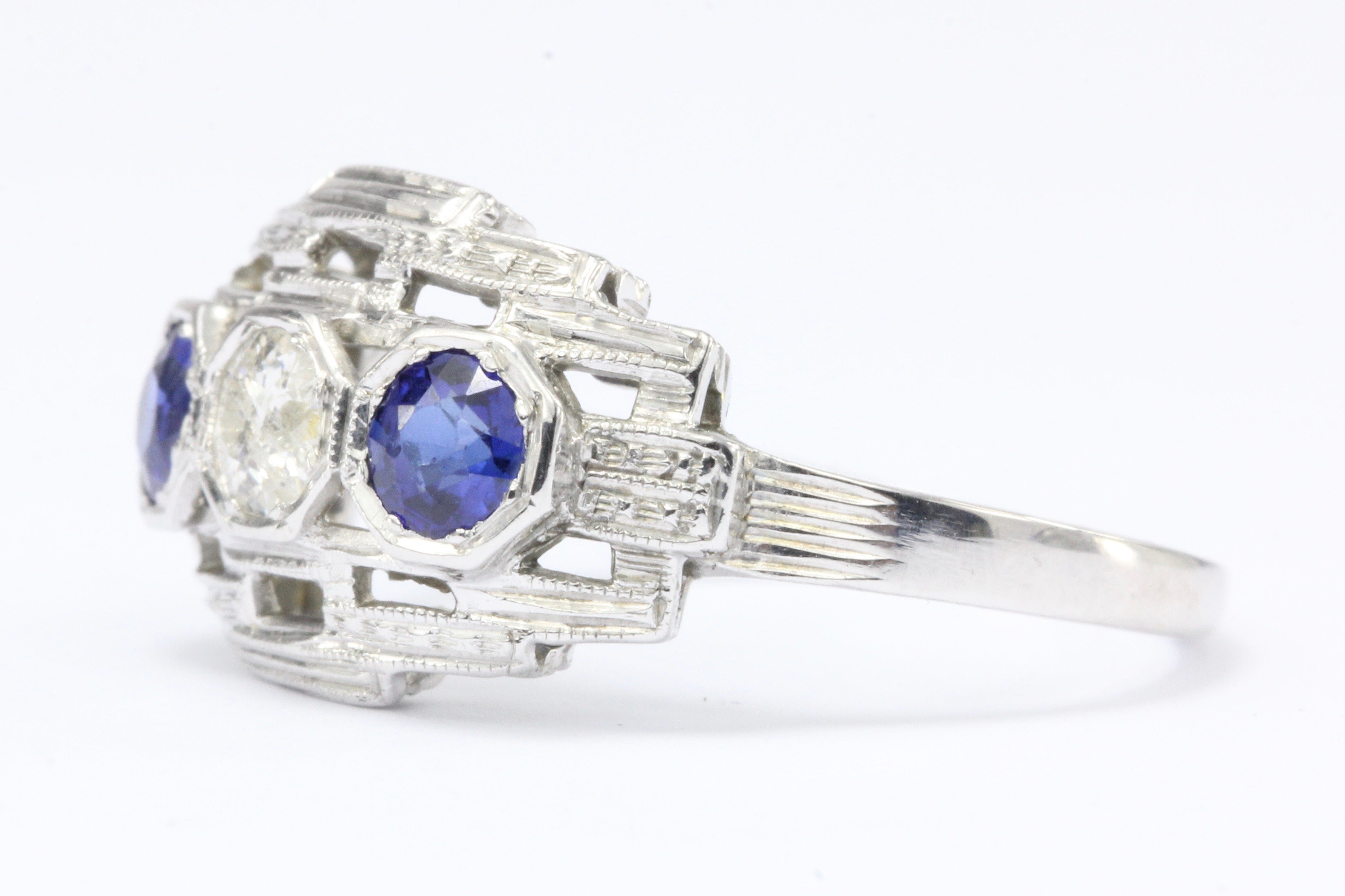 Art Deco 18K White Gold Old European Cut Diamond Sapphire Ring c.1920's - Queen May