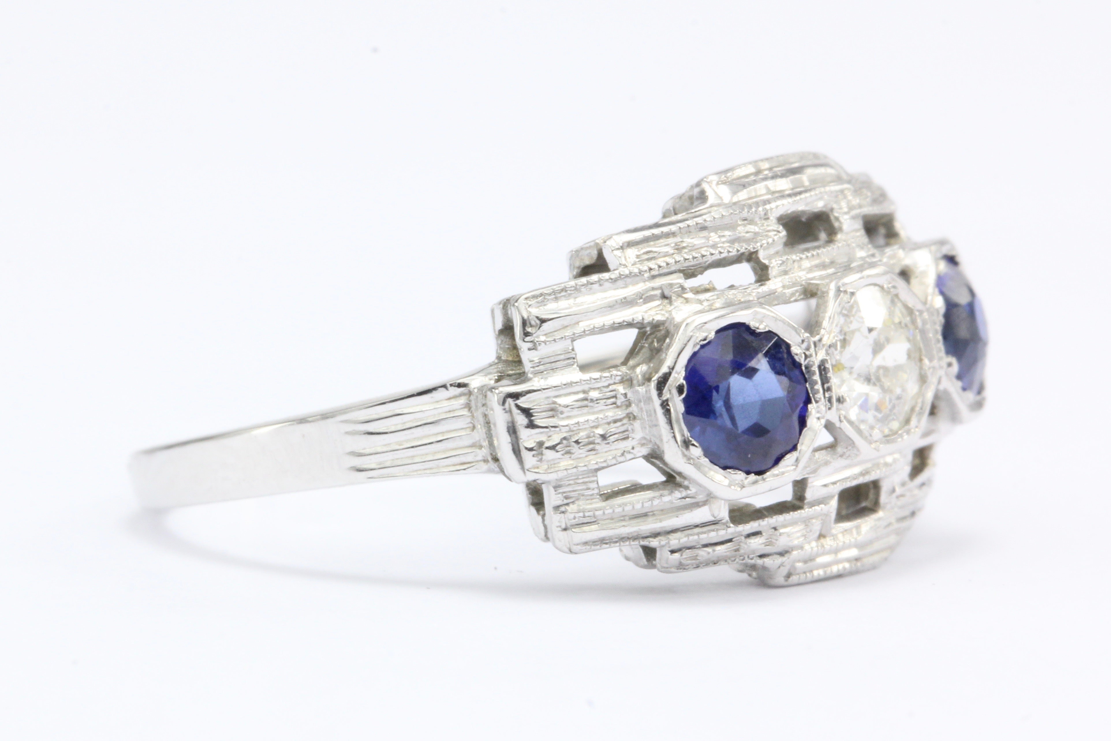 Art Deco 18K White Gold Old European Cut Diamond Sapphire Ring c.1920's - Queen May
