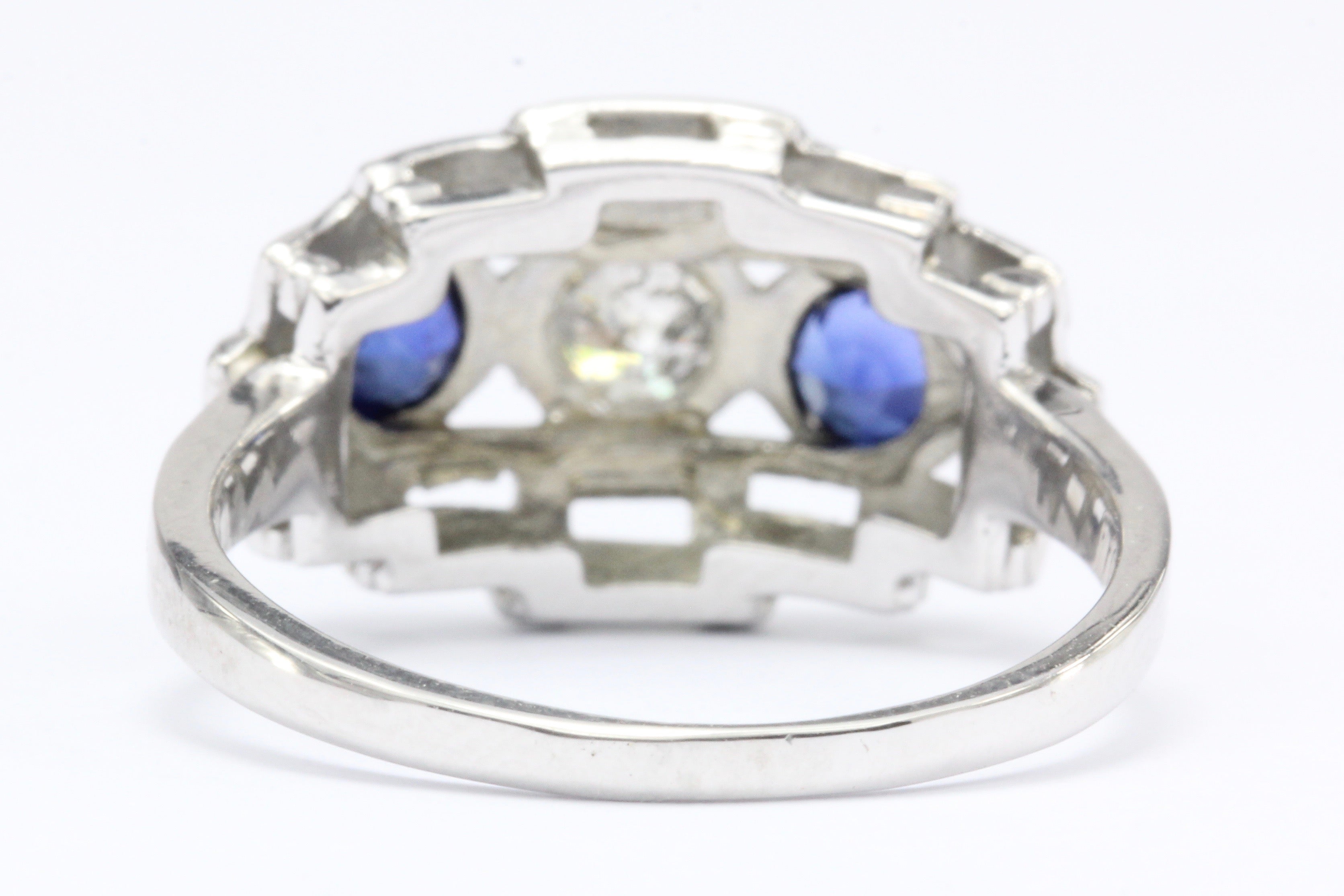 Art Deco 18K White Gold Old European Cut Diamond Sapphire Ring c.1920's - Queen May