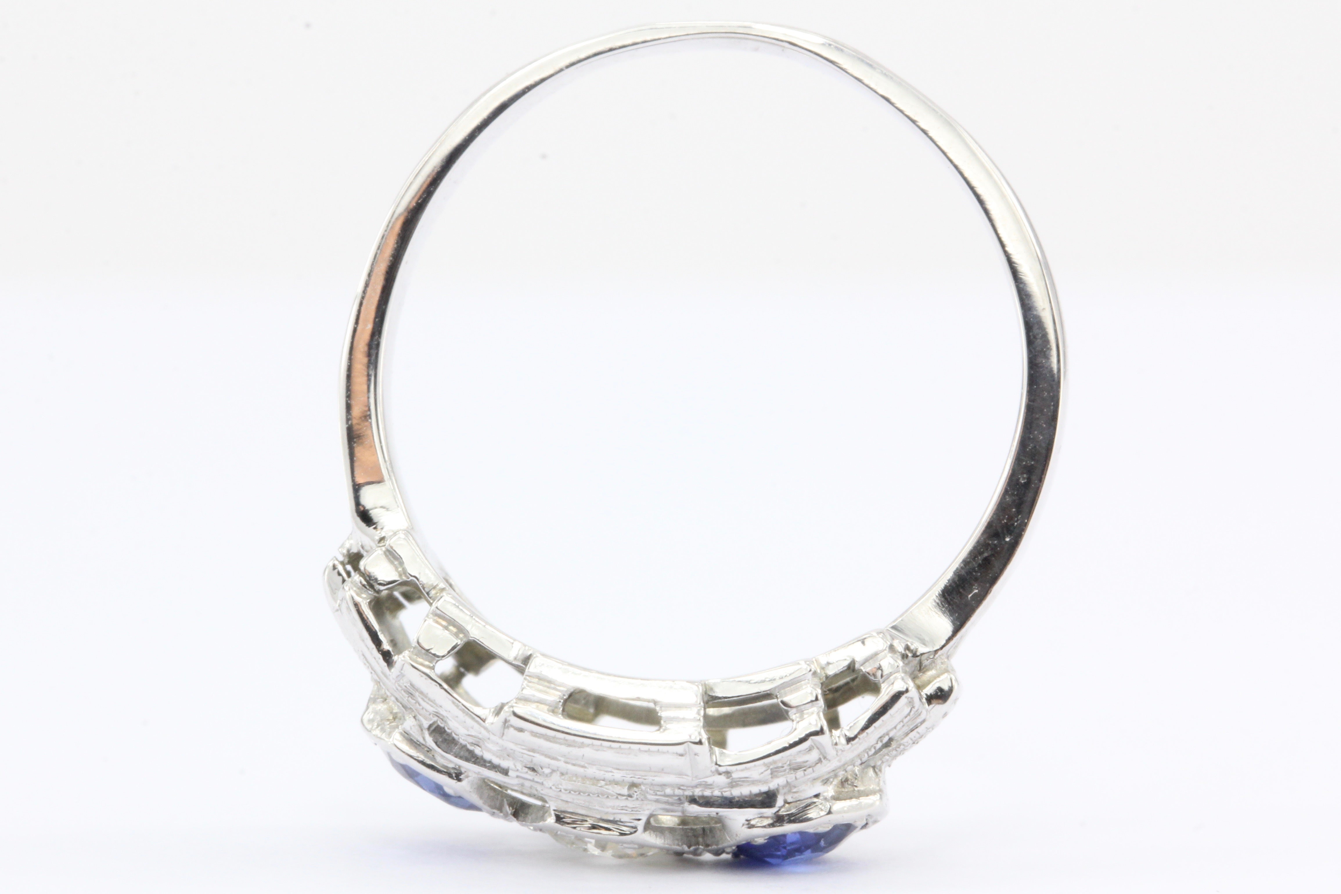 Art Deco 18K White Gold Old European Cut Diamond Sapphire Ring c.1920's - Queen May