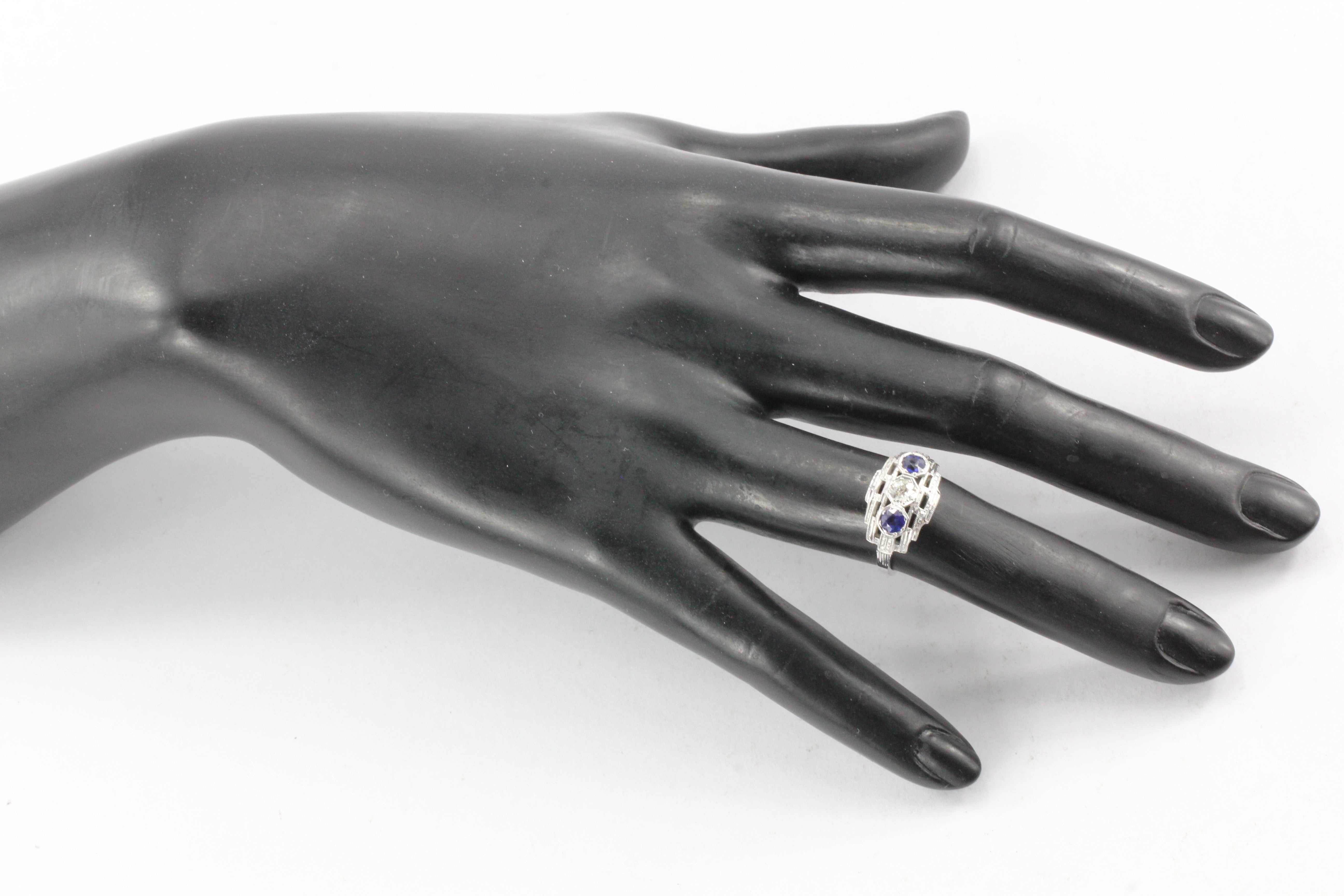 Art Deco 18K White Gold Old European Cut Diamond Sapphire Ring c.1920's - Queen May
